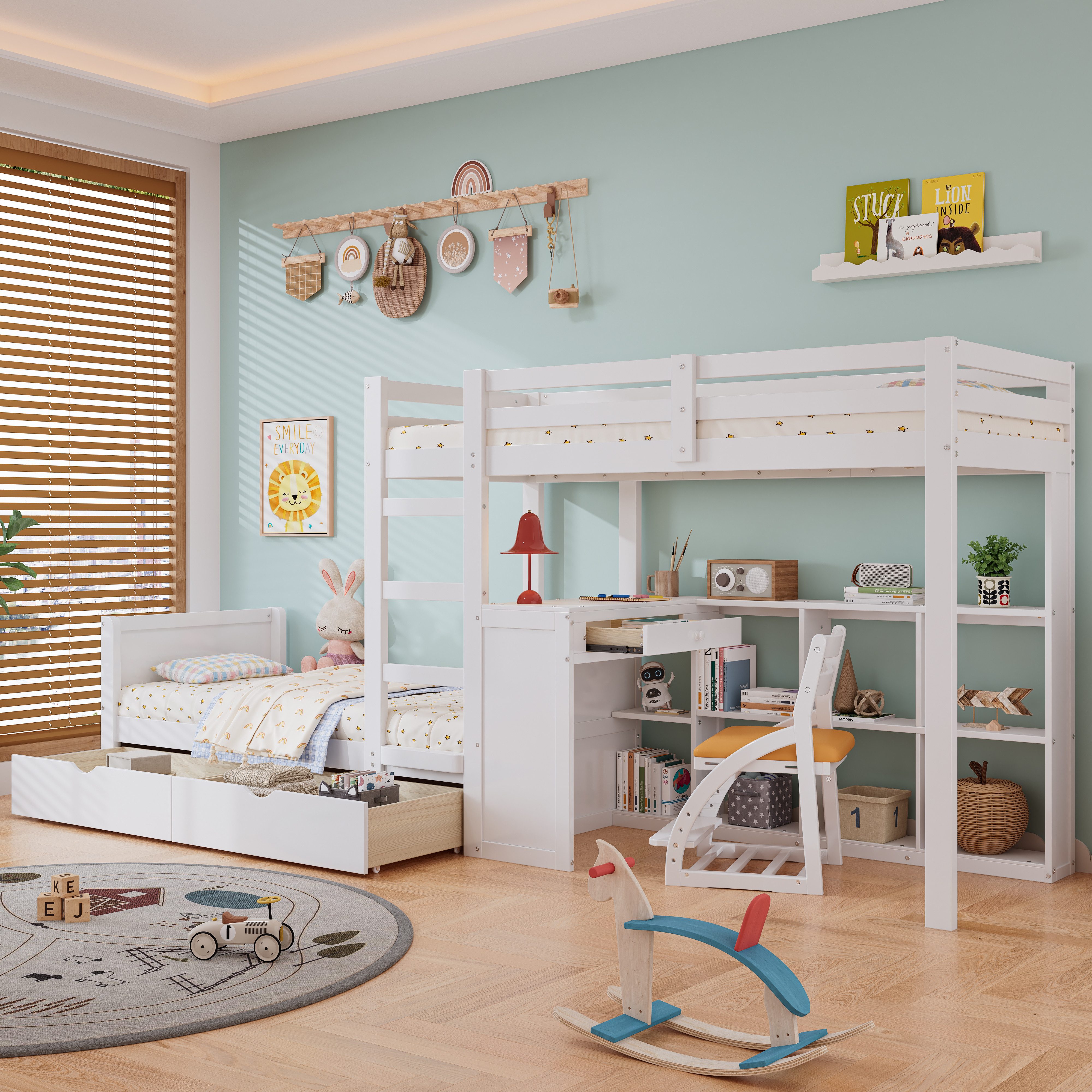 Merax Etagenbett 90x200cm mit Schreibtisch, Regal & Schubladen (1-St., Kief günstig online kaufen