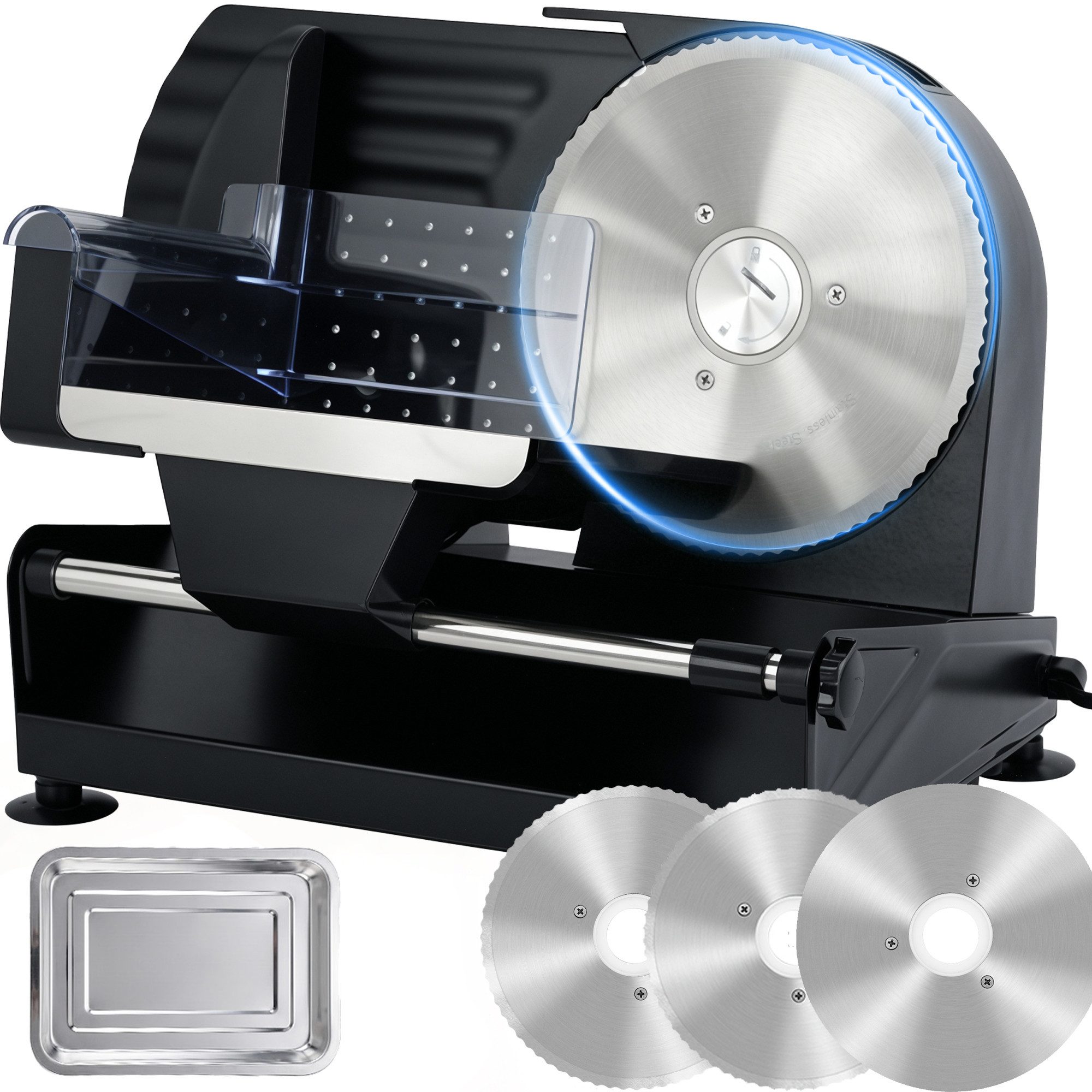 Rebonique Allesschneider 220W, 20 mm Schnittstärke, 2 x 19 cm Edelstahlmesser, glatt & gezahnt, 220 W, abnehmbare Edelstahlmesser, 85–90 U/min, 4 rutschfeste Standfüße