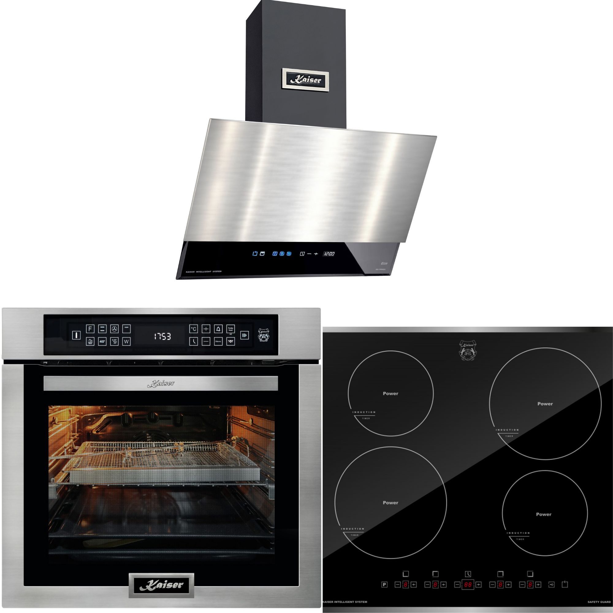 Kaiser Küchengeräte Backofen-Set Herd Set Autark Elektrobackofen,Edelstahl,86 L 15 Fkt., LED-Display mit Induktionskochfeld 60 cm, Autark,Facettenschliff, Kochfeld 4xQickHeat Kochzonen+Dunstabzugshaube 60 cm, Edelstahl,Schwarz Glas, 1250 m³/h EH 6306 N R+ KCT 6105 FI+AT 6410 FR ECO, mit 1-fach-Teleskopauszug, Katalytische Selbstreinigung, Elektrobackofen 60 cm+Induktionskochfeld 60 cm+Wandhaube 60 cm