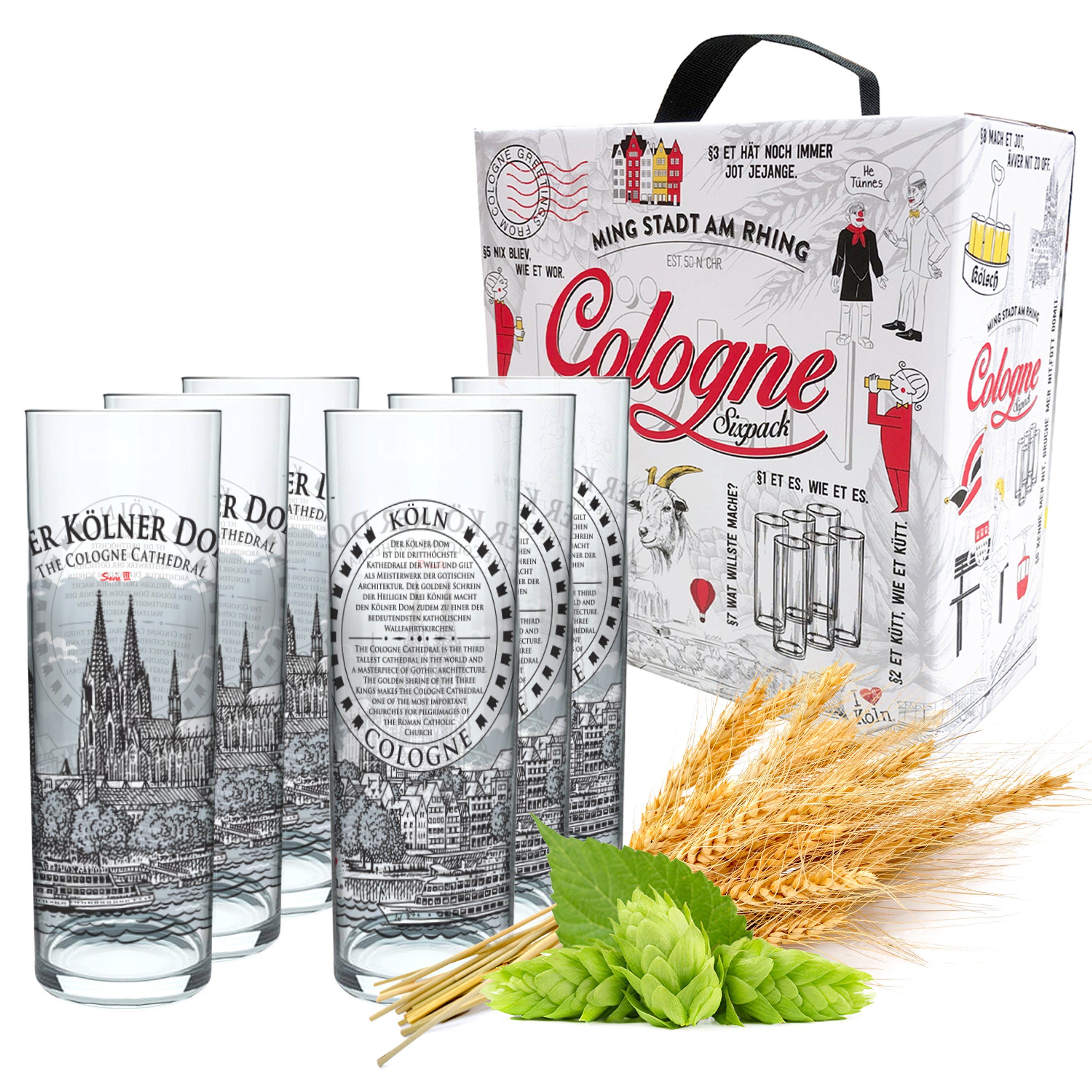 3forCologne Bierglas 3forCologne Kölschglas 6er Pack bunt 0,2ml, Kölner Stangen mit Grundgesetz, Biergläser Gläser Trinkgläser mit Aufdruck. (MADE IN GERMANY)