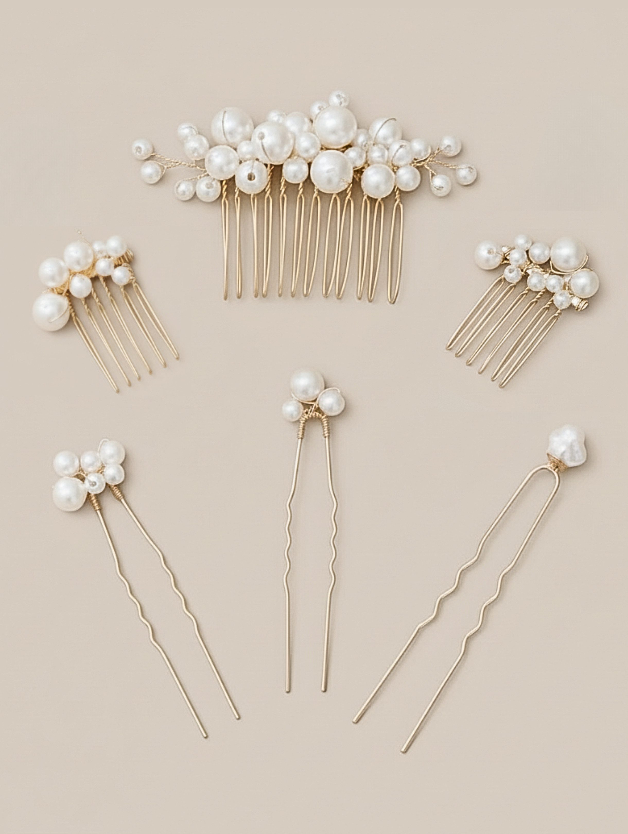 ANNIS WIESBADEN EST. 2021 Haarnadeln Braut Haarschmuck Set "Lenora", Perlen Haarkamm & Haarspangen gold, Set, 6 Teile Set: 1 x großer Haarkamm, 2 x kleiner Haarkamm, 3 x Haarnadeln