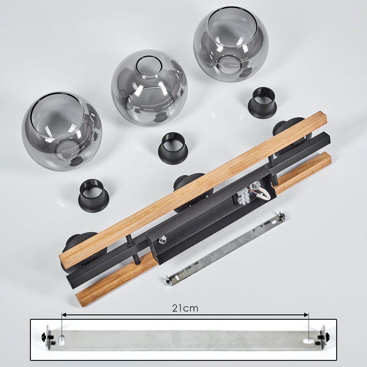 hofstein Deckenleuchte Deckenlampe aus Metall/Holz/Glas in Schwarz/Natur/Rauchfarben, ohne Leuchtmittel, Leuchte mit Schirmen aus Glas (15 cm), 3 x E27 – Bild 5 von 5
