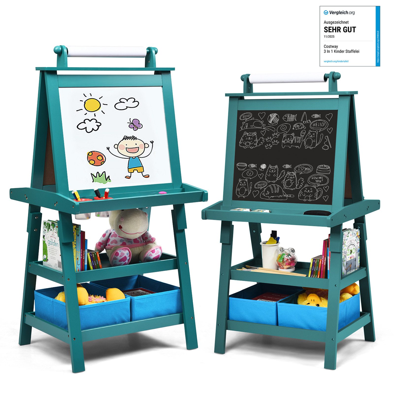 COSTWAY Standtafel Kinder Staffelei, doppelseitig, mit Magneten & 2 Boxen
