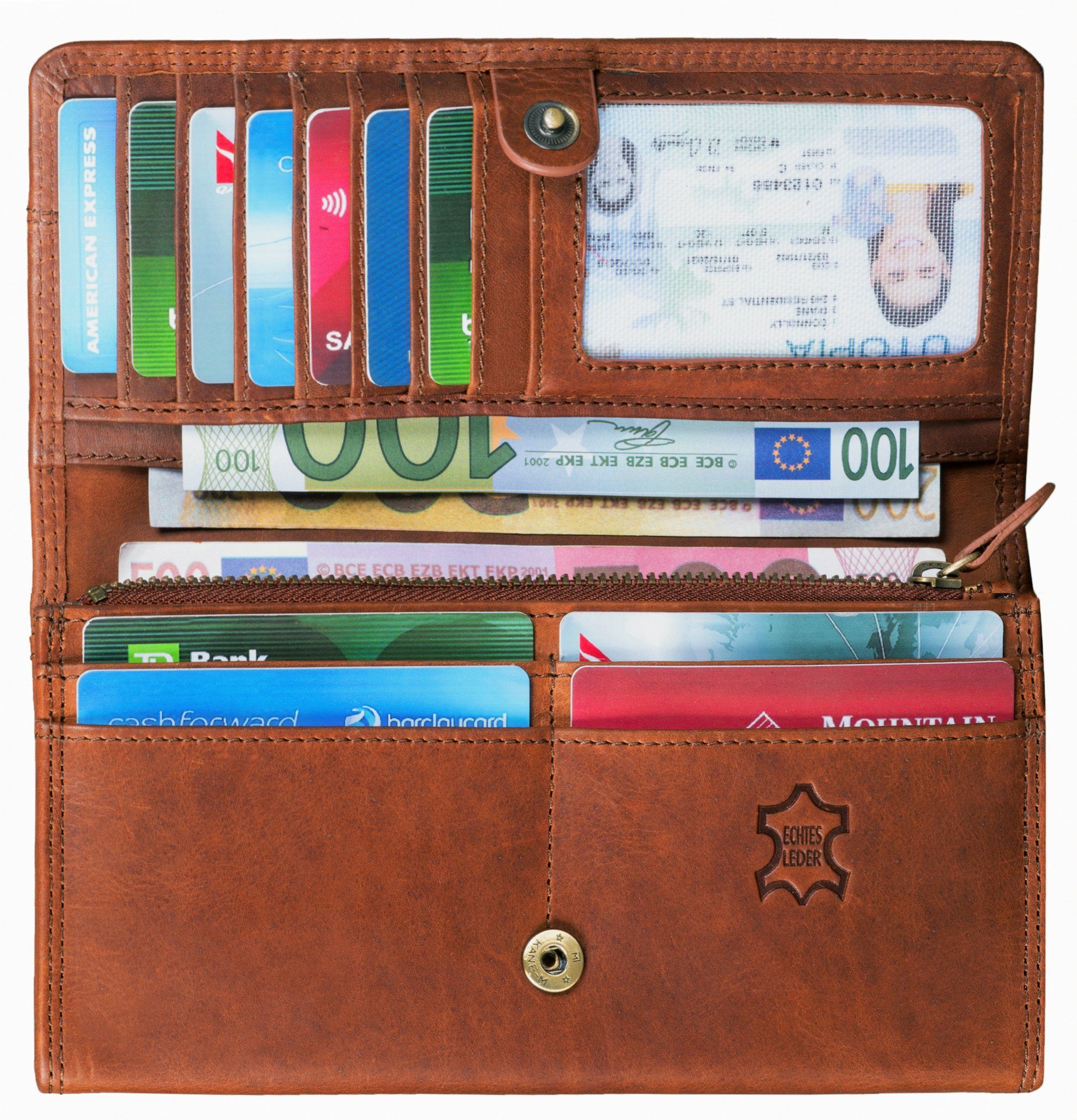 Benthill Geldbörse Damen Echt Leder RFID Portemonnaie mit vielen Kartenfächer Vintage, RFID-Schutz Kartenfächer Münzfach Reißverschlussfach
