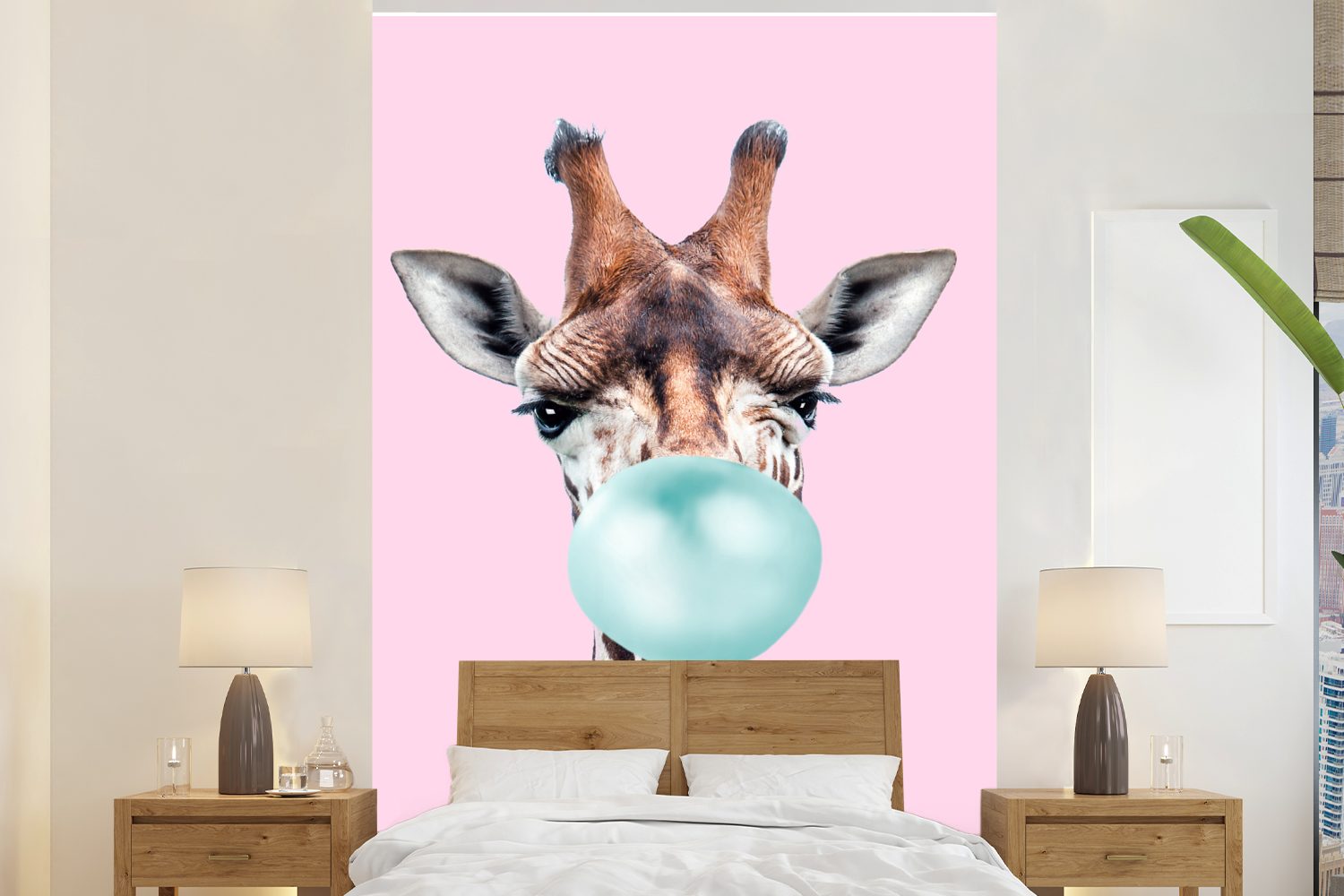 MuchoWow Fototapete Giraffe - Kaugummi - Rosa - Blau - Mädchen - Kinder - Mädchen, Matt, bedruckt, (3 St), Montagefertig Vinyl Tapete für Wohnzimmer, Wandtapete