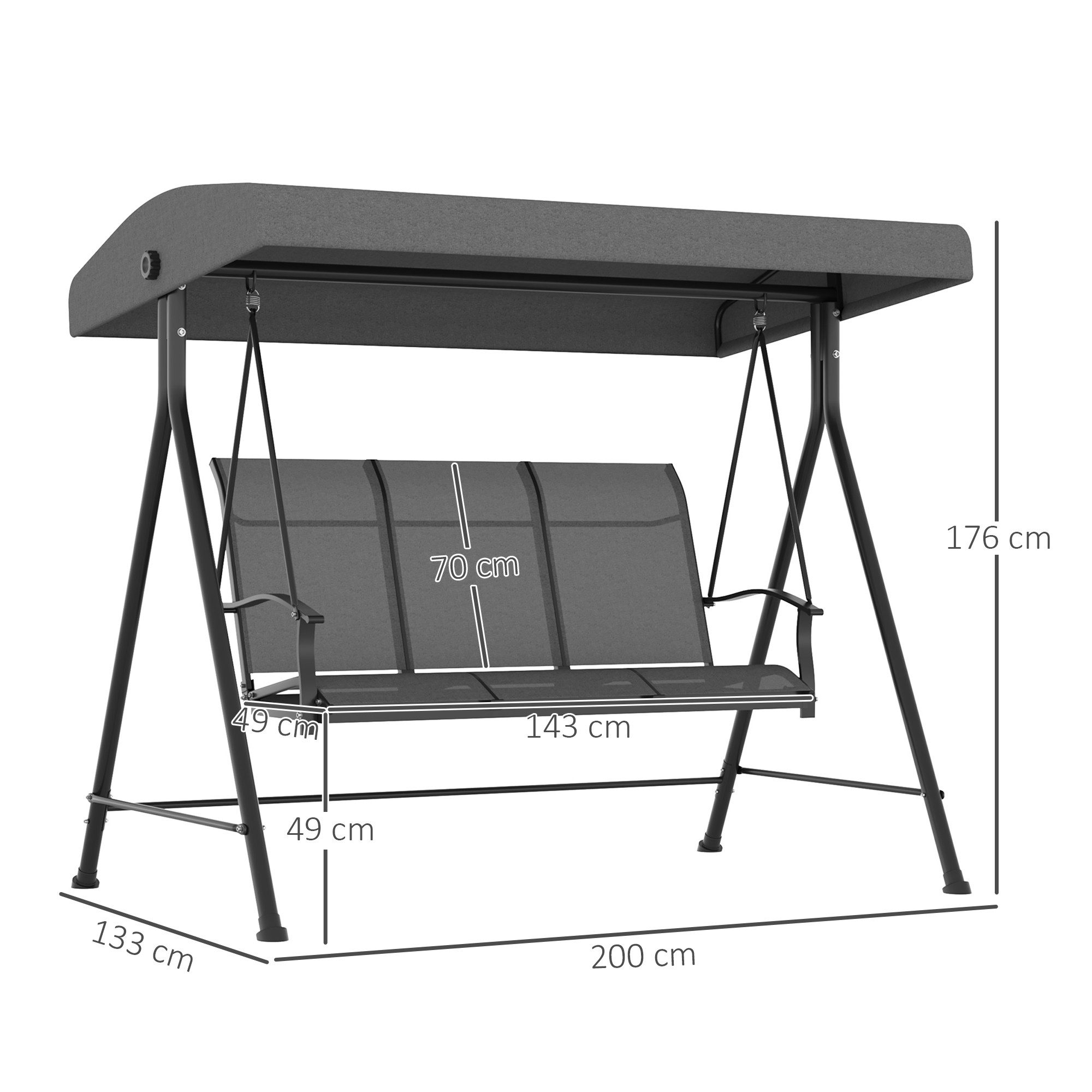 Outsunny Hollywoodschaukel Gartenschaukel mit Verstellbarem Dach, mit Armlehne, 3-Sitzer, Verstellbares Dach, Relaxstuhl, 1 tlg., Schaukelstuhl, für Garten, Balkon, Dunkelgrau