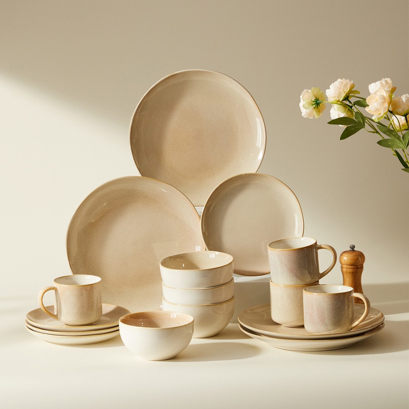 JIWOO Geschirr-Set 16er Kombiservice Teller-Set Tafelservice Schüssel-Set Speiseteller (16-tlg), 4 Personen, Keramik, Hochwertiges Geschirr set Blau Mikrowellen spülmaschinenfest