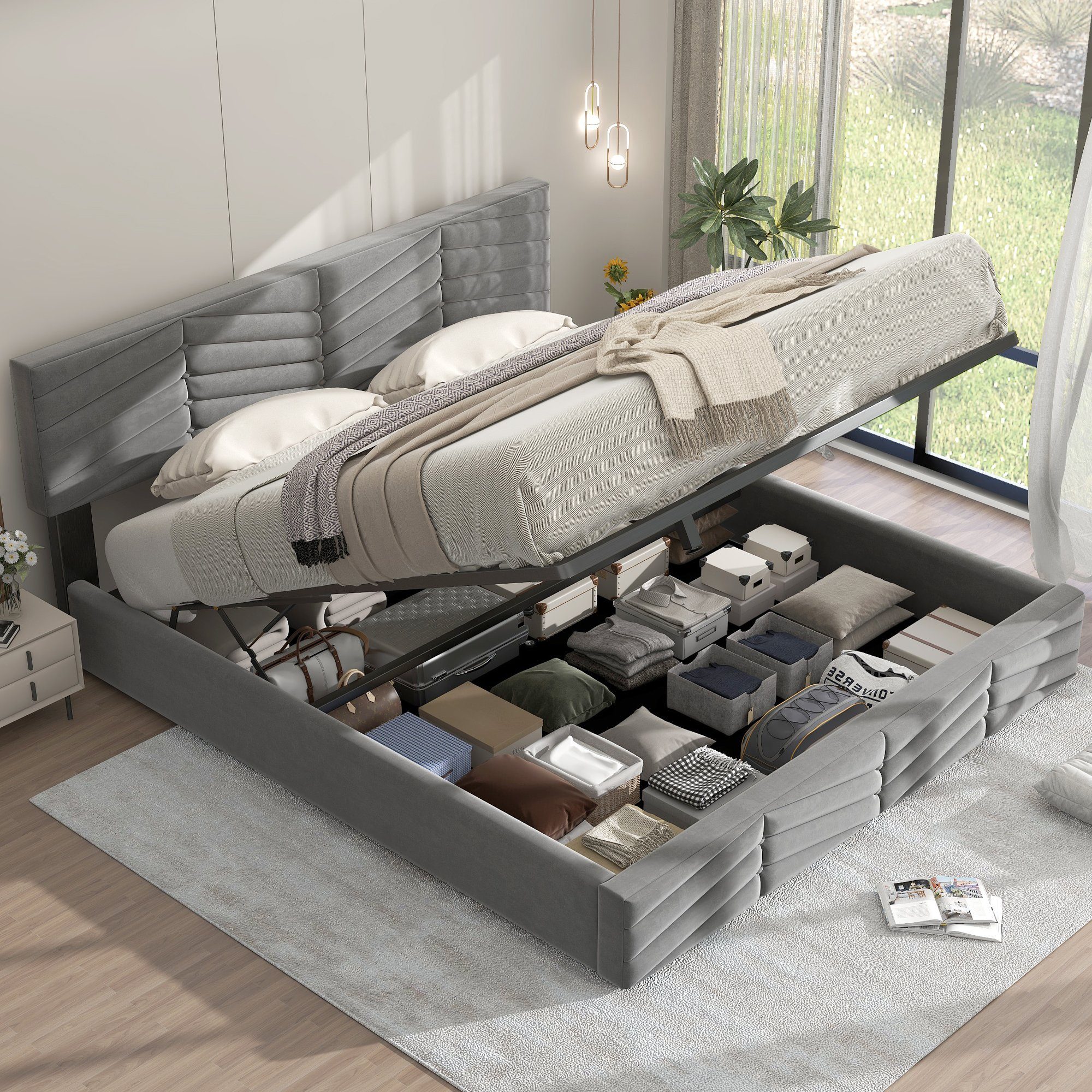 Odikalo Stauraumbett Polsterbett Lattenrost Kopfteil Holzlatten Samt Beige/ günstig online kaufen