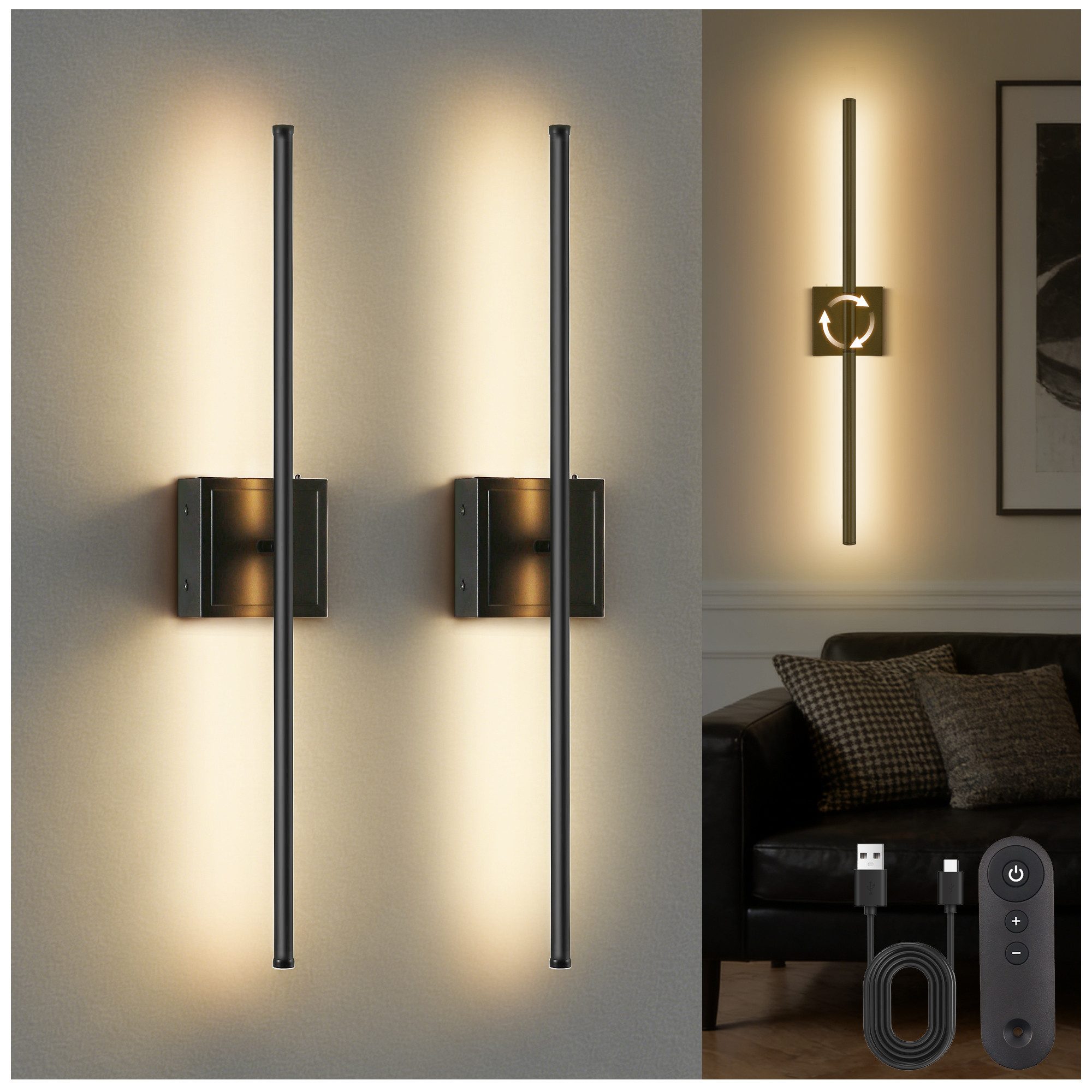 LOHAS-LED LED Wandleuchte Metall-Streifen-Stimmungslicht mit linearem Akku-Betrieb, dimmbar, LED fest integriert, Warmweiß, 2er-Set kabellose LED-Wandlampe mit 6000mAh Akku & IR-Fernbedienung