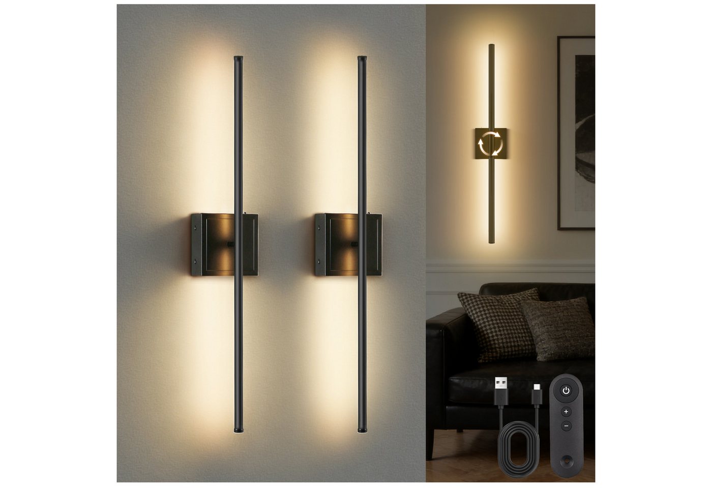 LOHAS-LED LED Wandleuchte Metall-Streifen-Stimmungslicht mit linearem Akku-Betrieb, dimmbar, LED fest integriert, Warmweiß, 2er-Set kabellose LED-Wandlampe mit 6000mAh Akku & IR-Fernbedienung