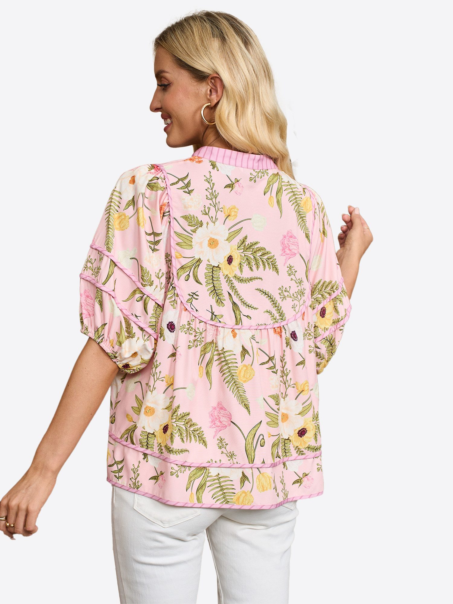 Imily Bela Kurzarmbluse Damen Babydoll Tops mit Blumenmuster (Packung, 1-tlg., 1per-Pack) mit V-Ausschnitt
