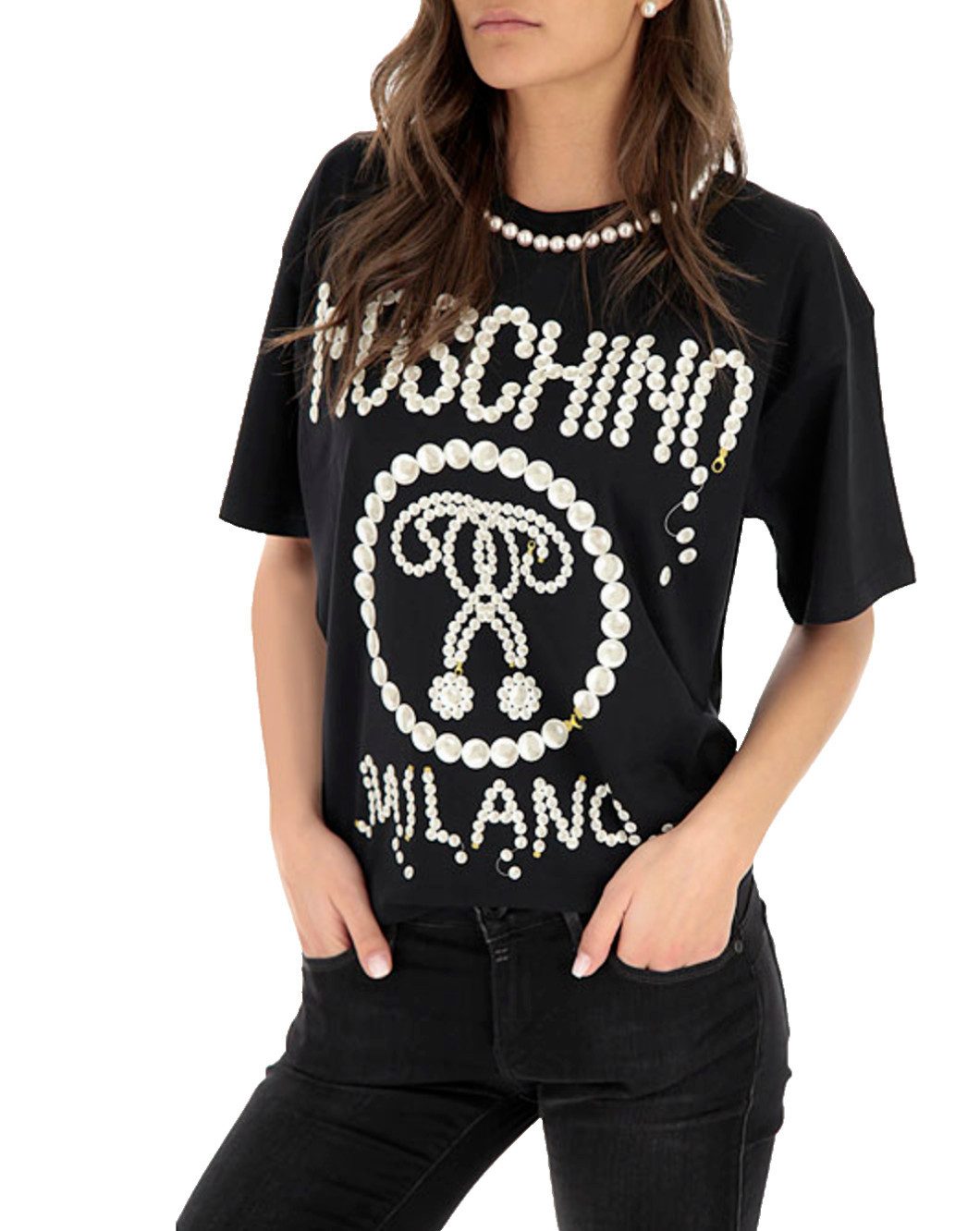 Moschino T-Shirt COUTURE T-shirt Perlen Top Faux Pearls Shirt Double Question Mark Perlenbesatz am Halsausschnitt