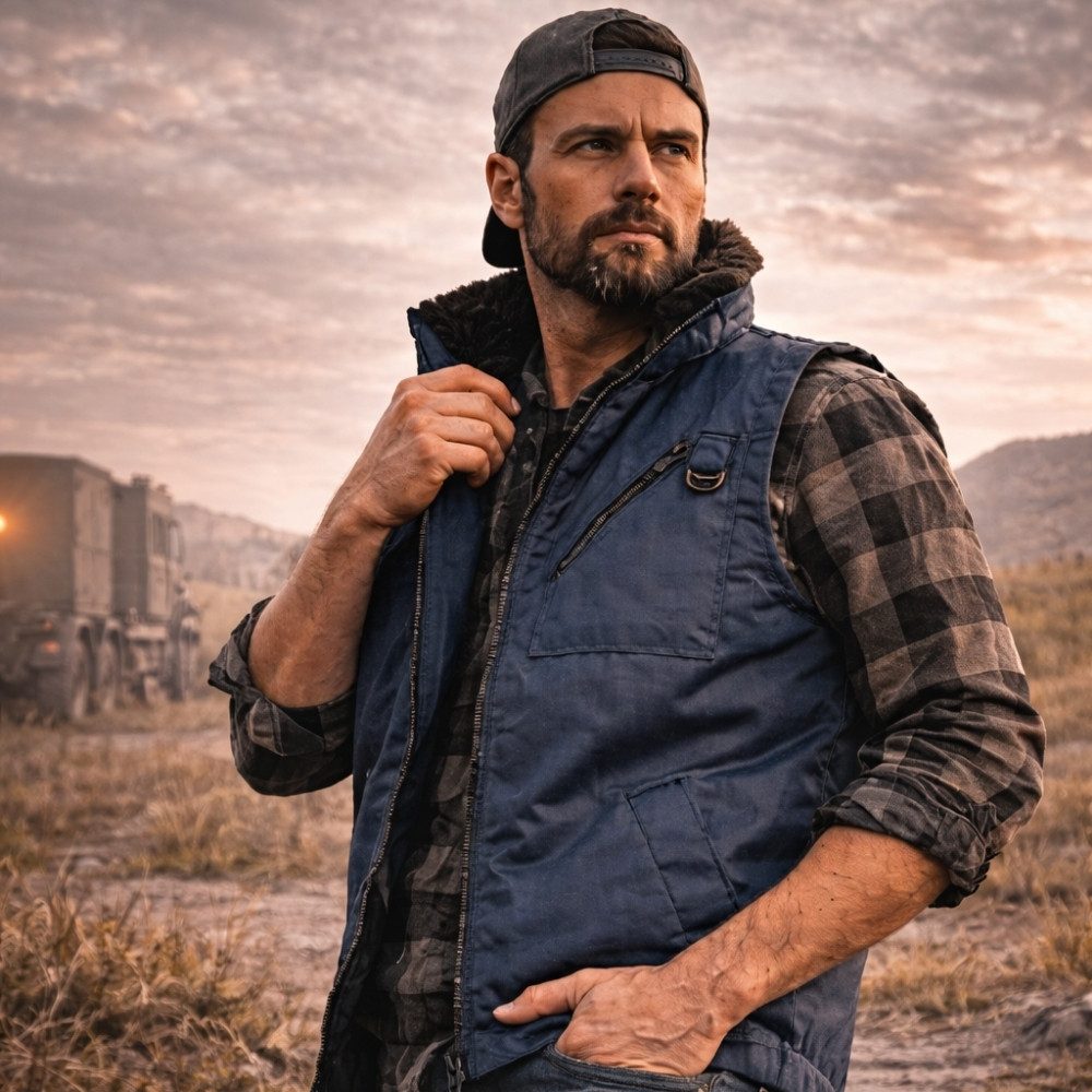 Kaiser24 Arbeitsweste Herren Pilotweste gefüttert warm Outdoor Arbeitsweste Fellkragen Blau