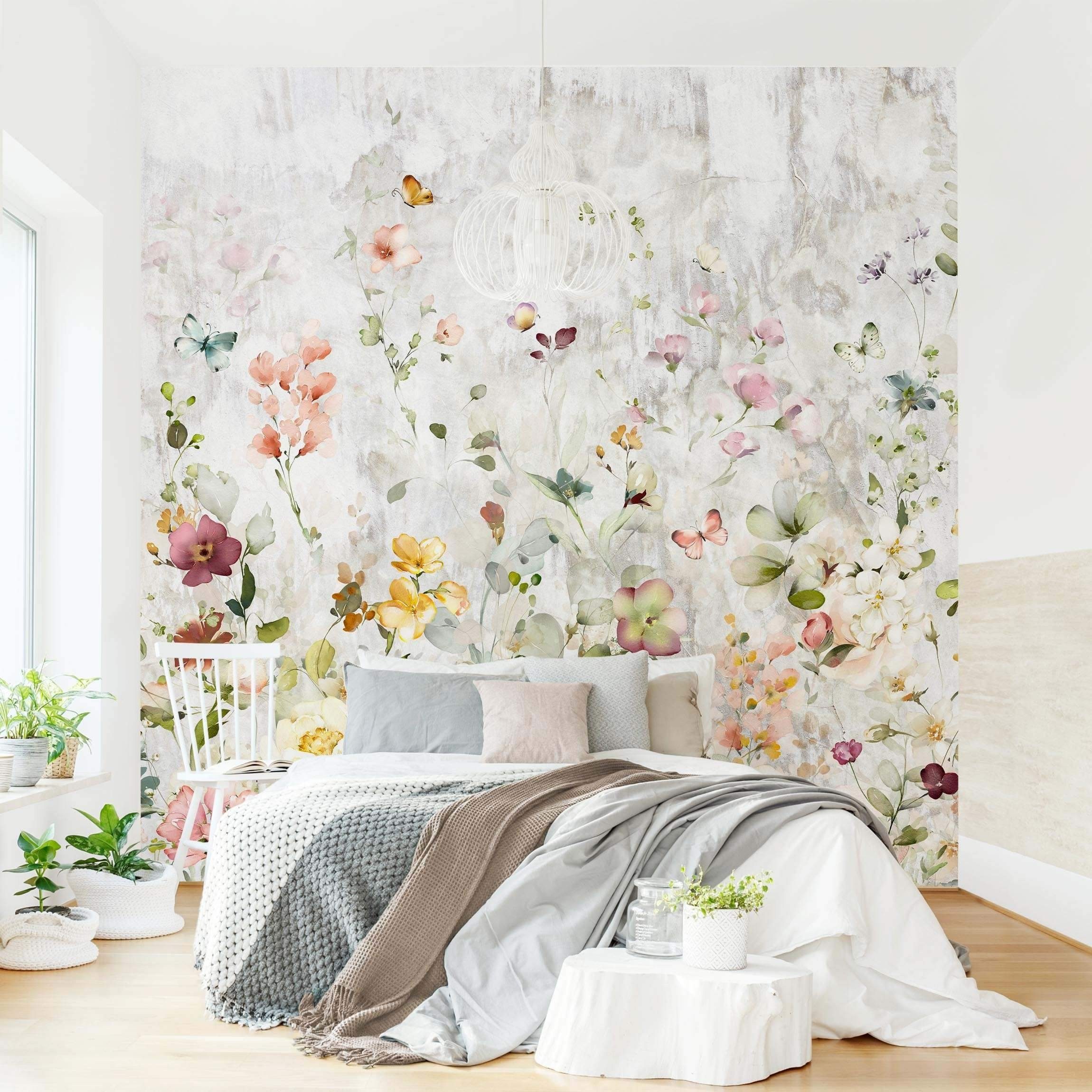 Bilderdepot24 Fototapete Aquarell Blüten weißer Shabby Betonwand, Glatt, Matt, (Vliestapete inkl. Kleister oder selbstklebend), Wohnzimmer Schlafzimmer Küche Flur Motivtapete Vliestapete Wandtapete