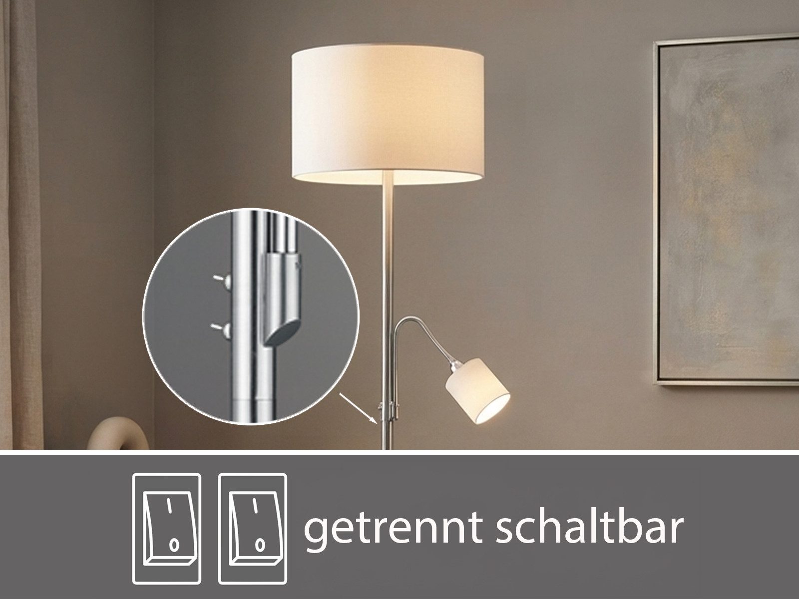 TRIO Leuchten LED Stehlampe mit Leselampe & Stoffschirm Höhe 170cm, dimmbar, LED wechselbar, Warmweiß, Designklassiker Steh-Leuchte groß für Lese-Ecke stehend – Bild 4 von 5
