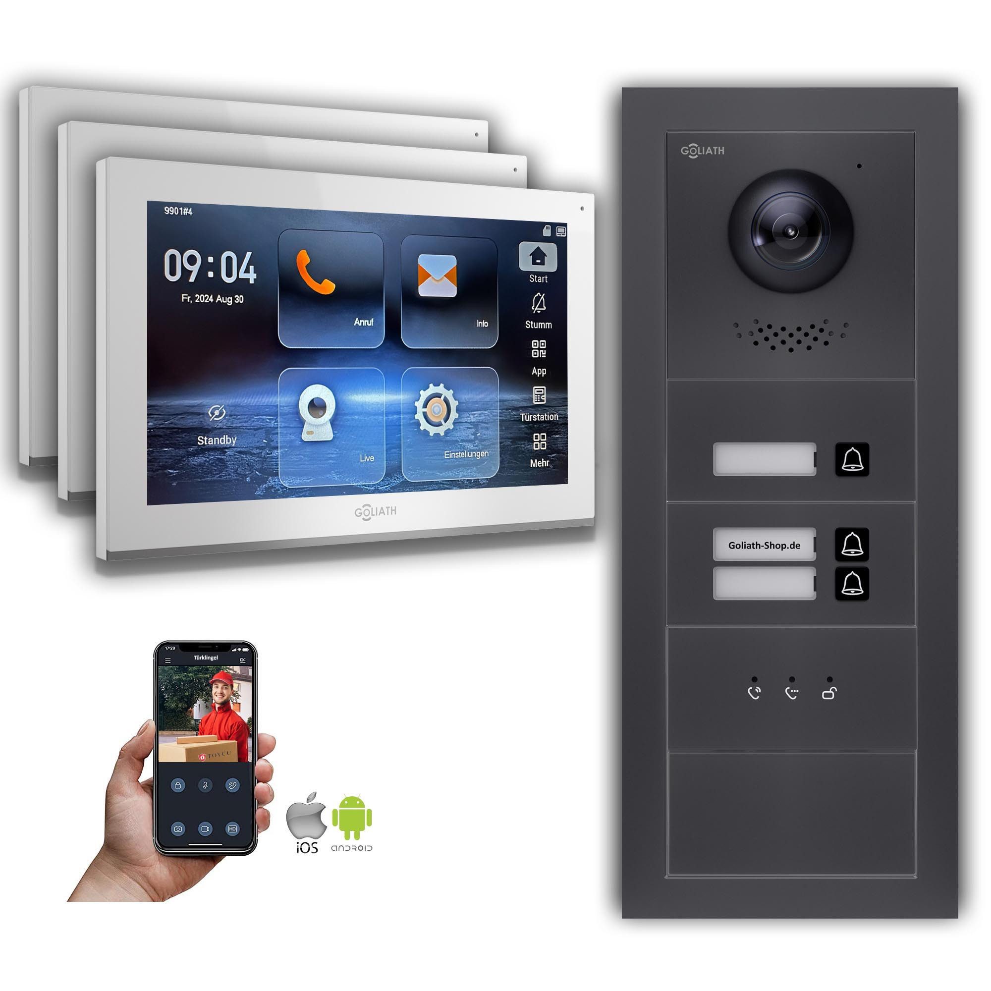 Goliath Intercom Video-Türsprechanlage Goliath IP Video Türsprechanlage: 10-Zoll 3 Familienhaus, Anzeige, Ant (Privat oder Gewerblich)