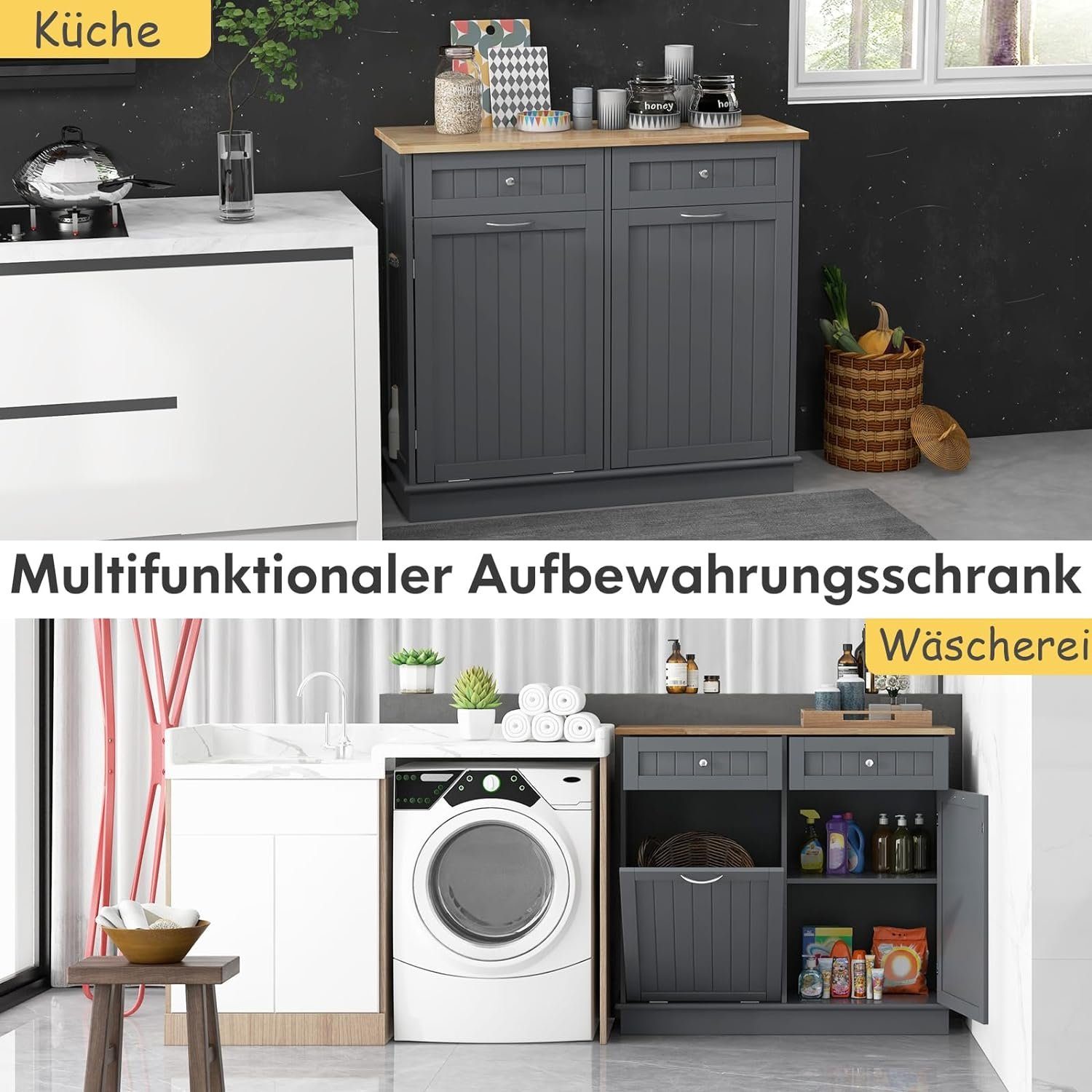 GOPLUS Küchenschrank 100cm | Mit Arbeitsplatte & Müllhalter | Grau Für Küche & Bad