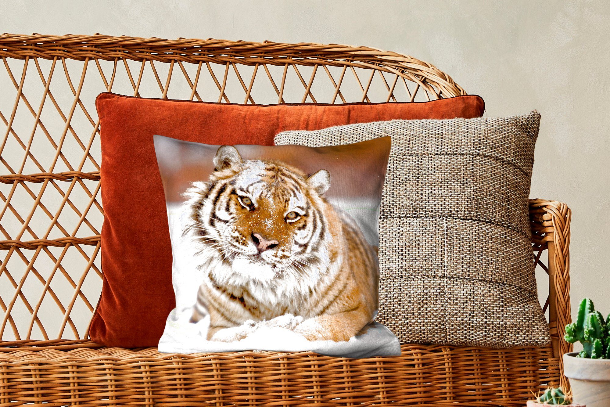 MuchoWow Dekokissen Füllung Tiger - Zierkissen Schlafzimmer, Weiß, Wohzimmer, - Schnee mit für Deko, Sofakissen