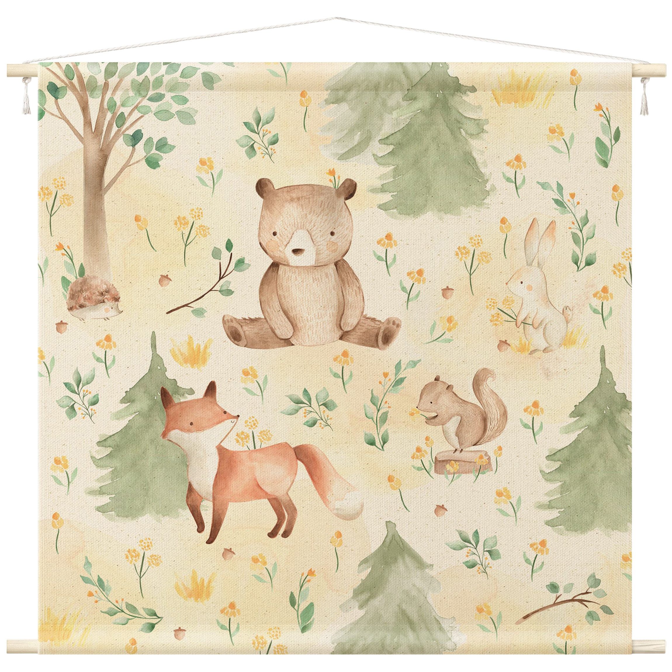 Bilderdepot24 Wandteppich Kinderzimmer modern Blumen Aquarell Tiere Bär gelb, quadratisch, Höhe: 2.6 mm, großes Wandbild aus Natur-Baumwolle Wandbehang Stoffbild Tuch Wollseil