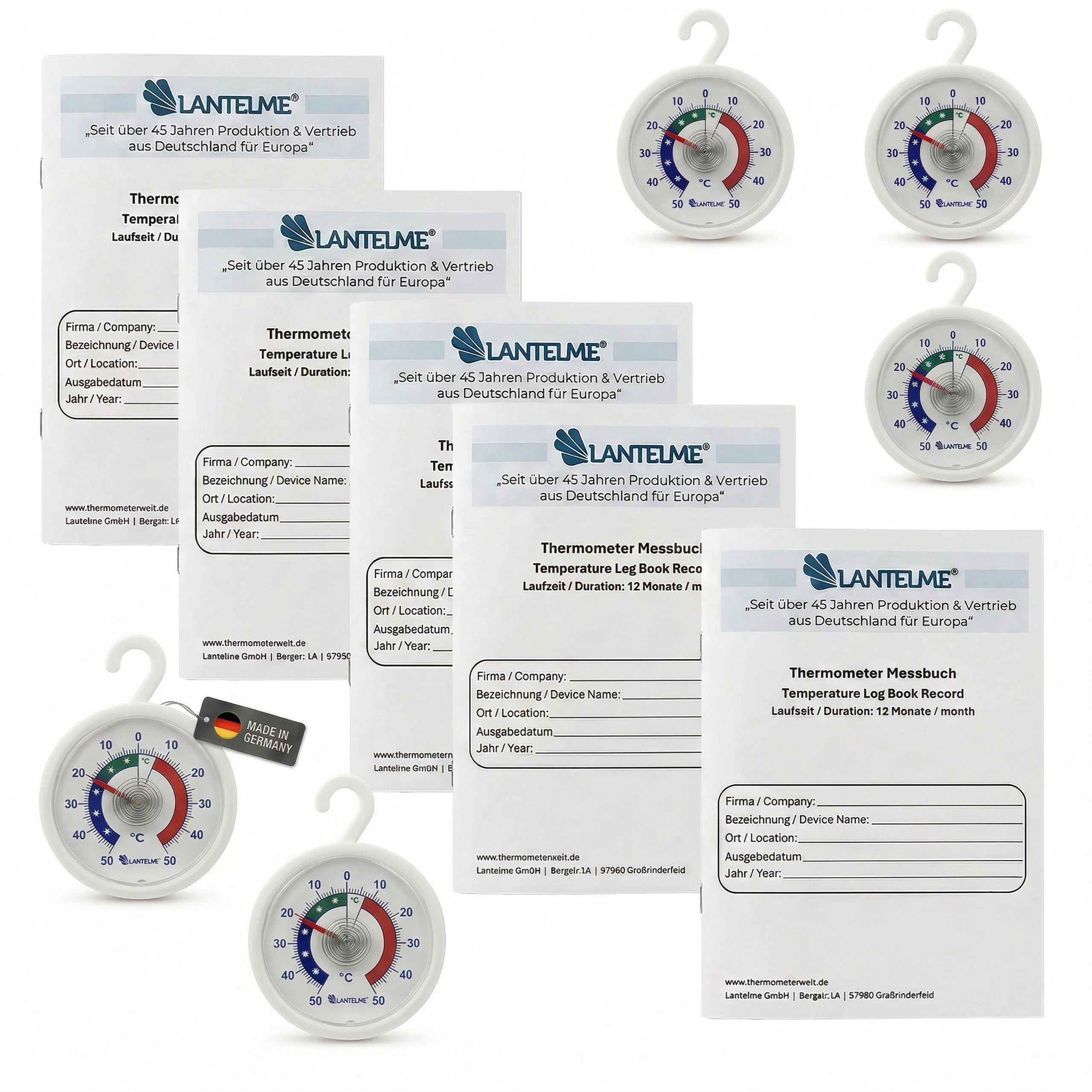 Lantelme Kühlschrankthermometer je 5 Stück Thermometer +/-50 °C und Dokumentationsheft Temperatur, 10 Tlg. Set Deutsche Herstellung, Logbuch für 12 Monate und 3 tägliche Einträge