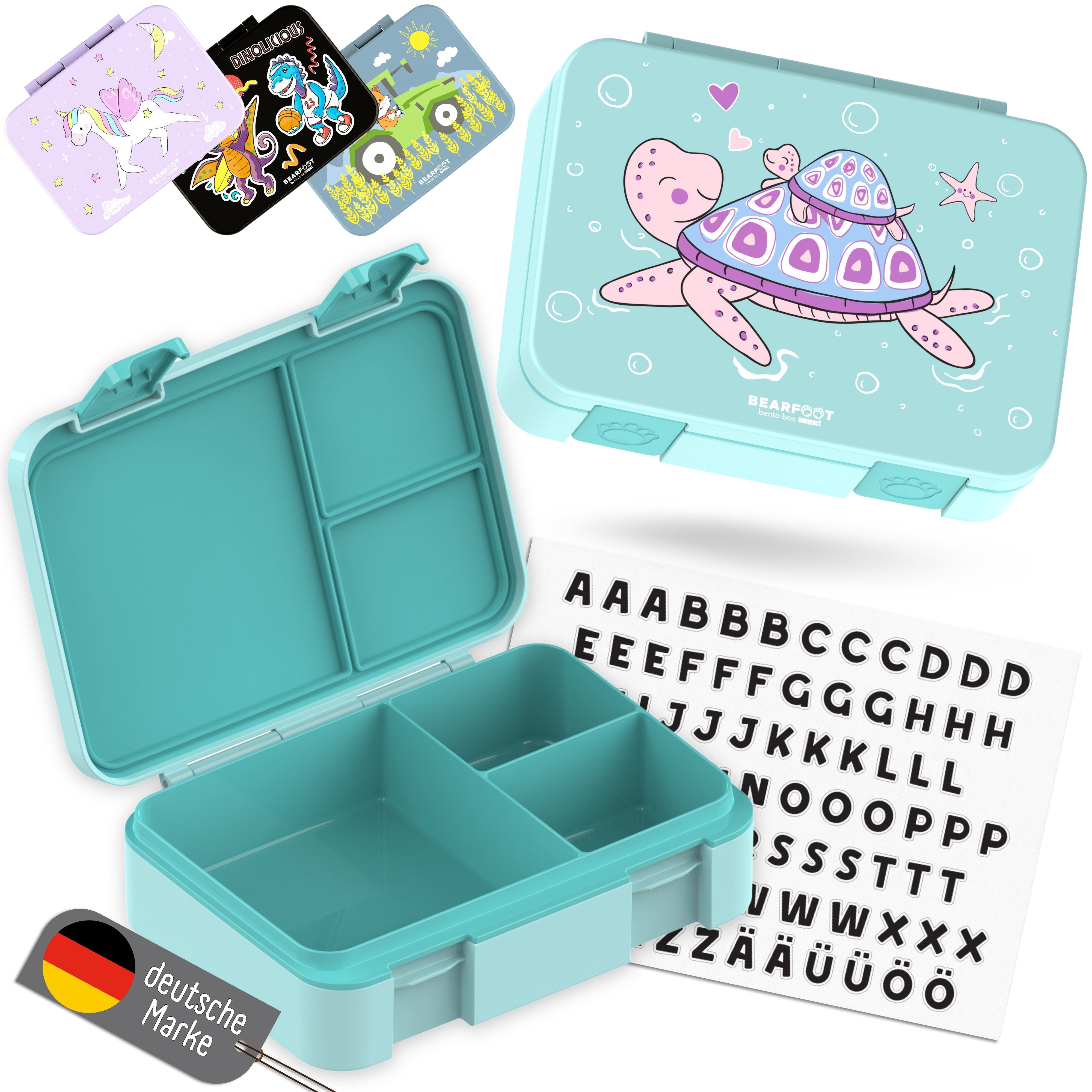 BEARFOOT Lunchbox Brotdose mit Fächern, leicht & auslaufsicher - Schildkröte, PP, ABS, Silikon, Kindergarten und Schule - Mädchen und Jungen, Vesperbox, Snackbox