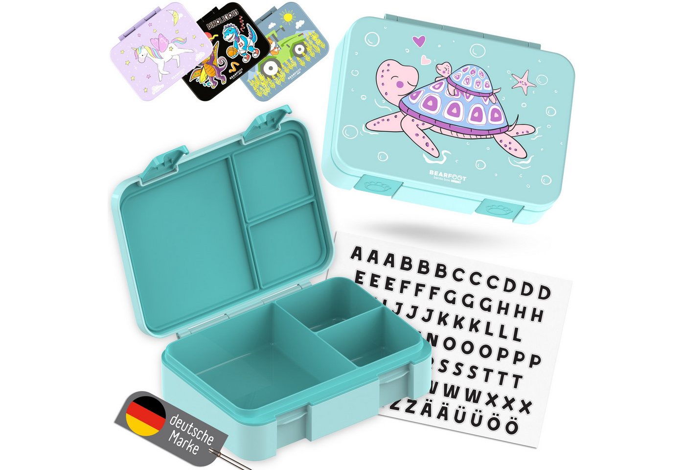 BEARFOOT Lunchbox Brotdose mit Fächern, leicht & auslaufsicher - Schildkröte, PP, ABS, Silikon, Kindergarten und Schule - Mädchen und Jungen, Vesperbox, Snackbox