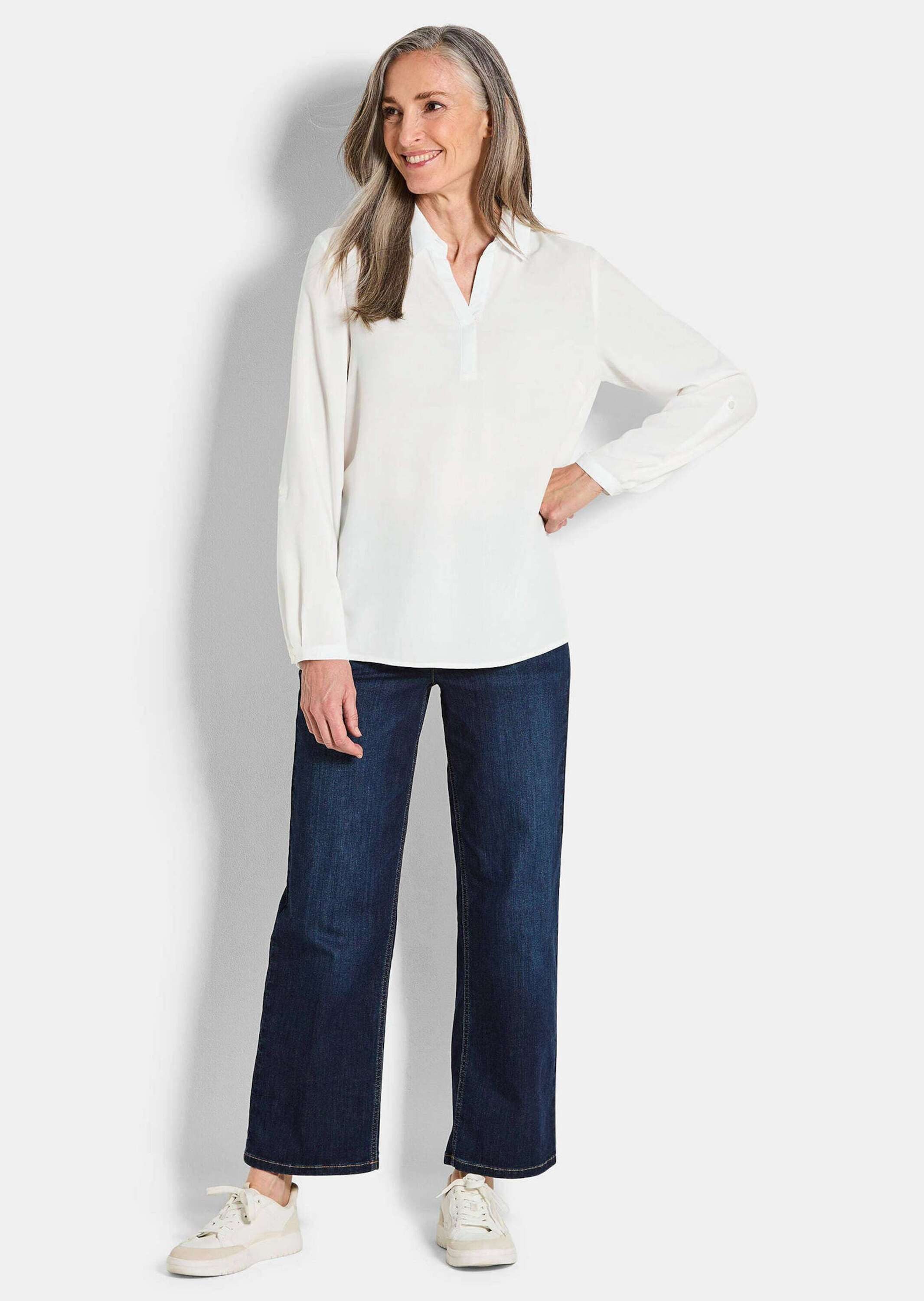 GOLDNER Klassische Bluse Zeitlose Viskosebluse mit Hemdkragen Fließende Hemdbluse mit Schlitzblende und Langarm