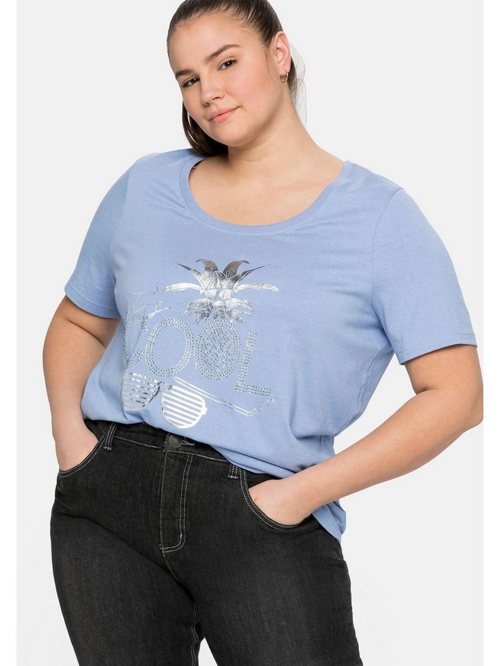 Sheego T-Shirt Große Größen mit schimmerndem Frontdruck und Glitzersteinen
