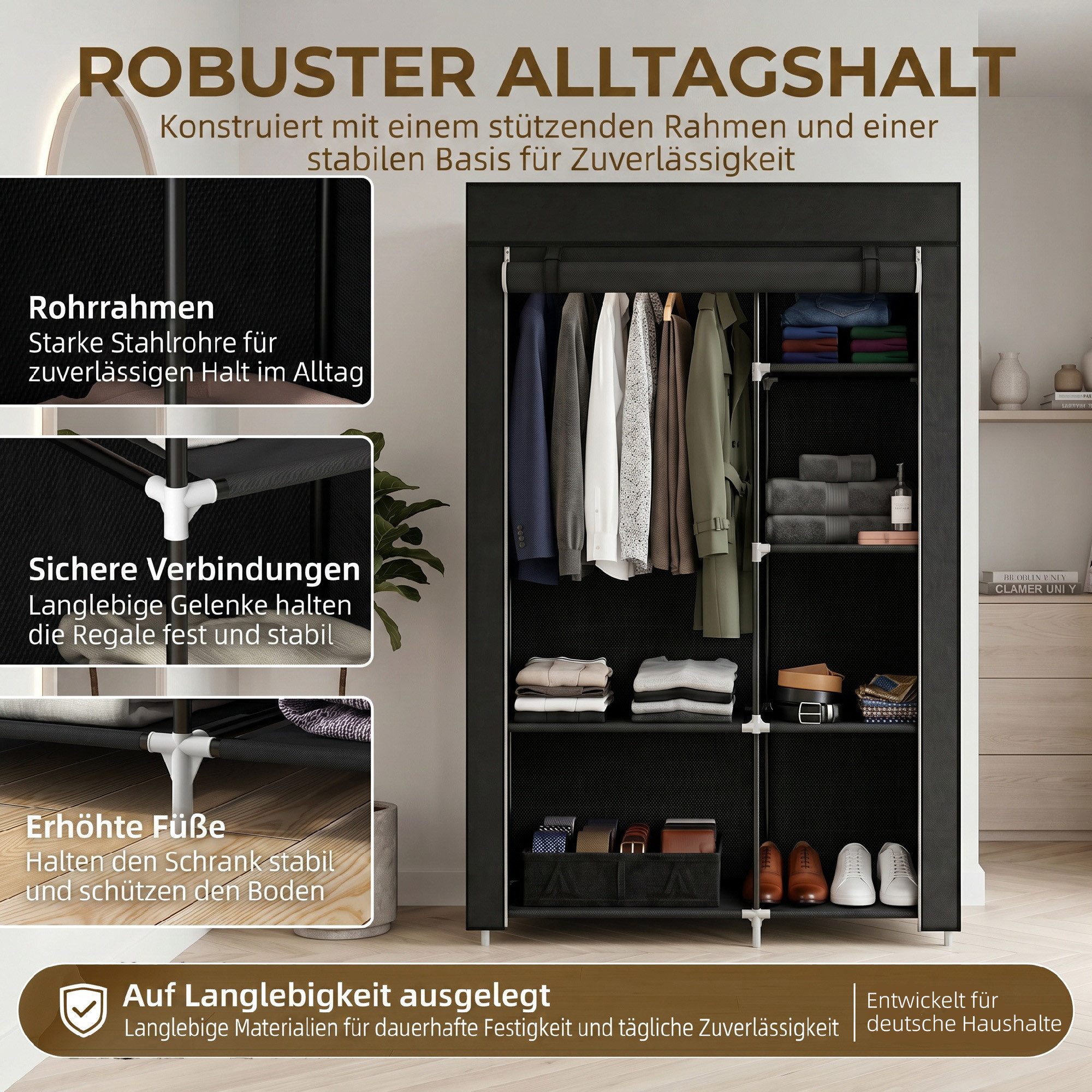furnicato Kleiderschrank Stoffschrank Schwarz 103L x 43B x 162,5H cm mit Garderobenschrank mit 6 Einlegeböden, Reißverschluss und Staubschutz – Bild 4 von 5