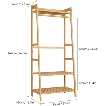 Homfa Kleiderständer, Bambus 3 Ablagen 2 Haken 164x70x42cm