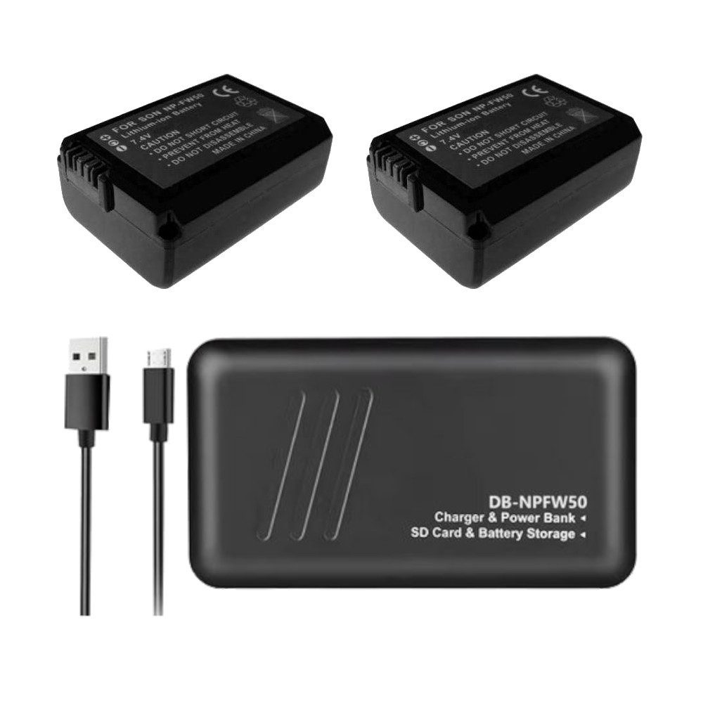 Trade-Shop Dual Ladegerät Powerbank für Sony Alpha 5100 6000 6100 6300 mit 2x Kamera-Akku Li-Ion, Anschluss über Micro-USB, USB-C oder USB-A / mit Speicherkarten-Slot