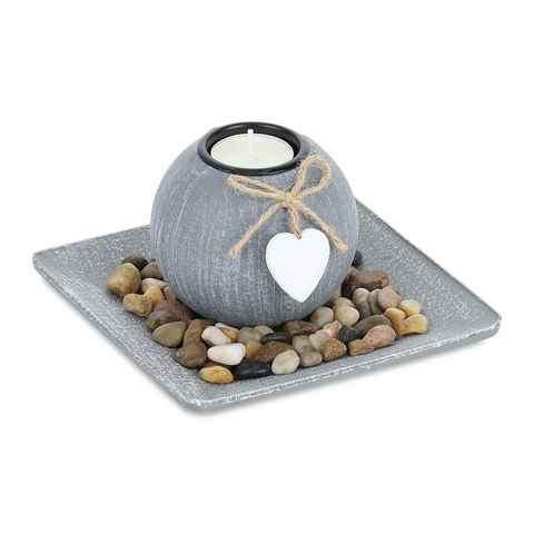 relaxdays Teelichthalter mit Tablett Teelichthalter mit Tablett & Steinen