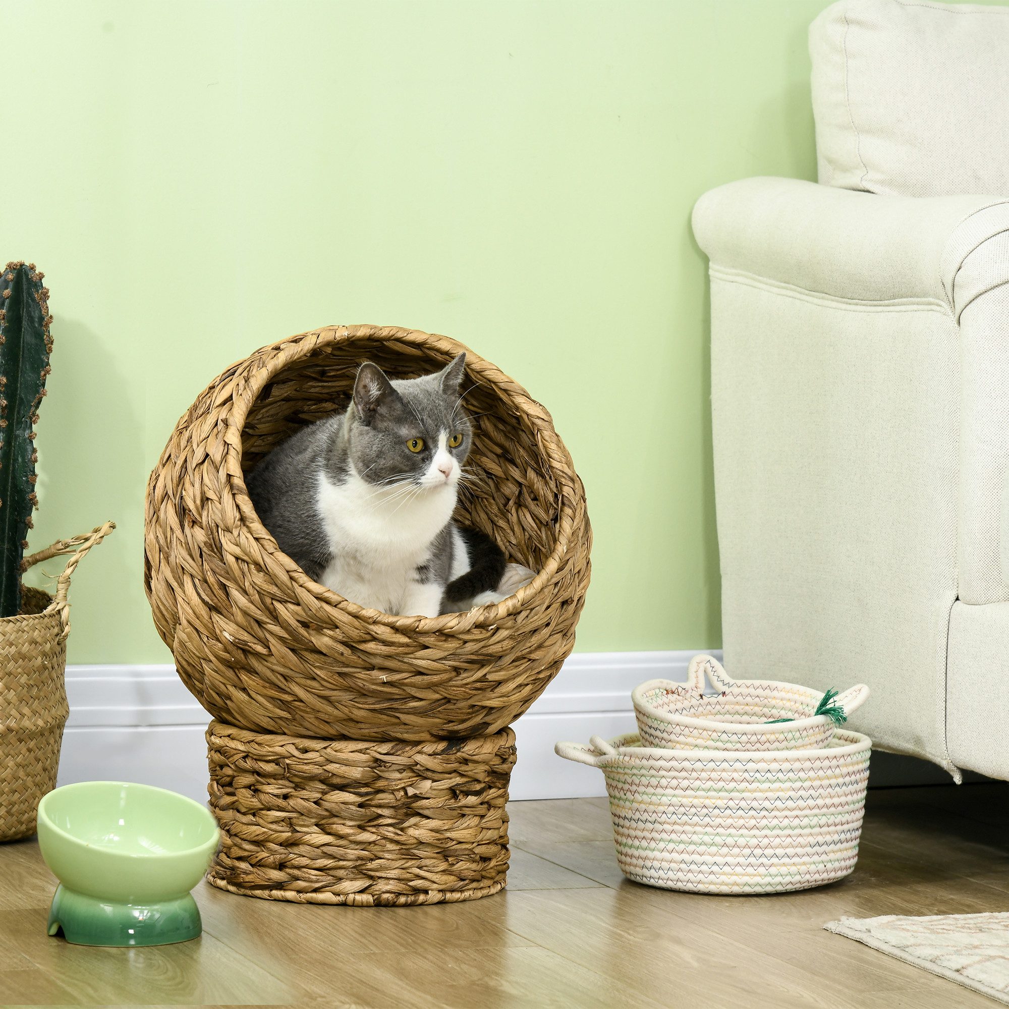 furnicato Katzenliege Moderner Katzenkorb 40L x 37B x 51H cm in Braun, Rattan, Katzenhöhle mit waschbarem Kissen und stabilen Metallgestell-Basis
