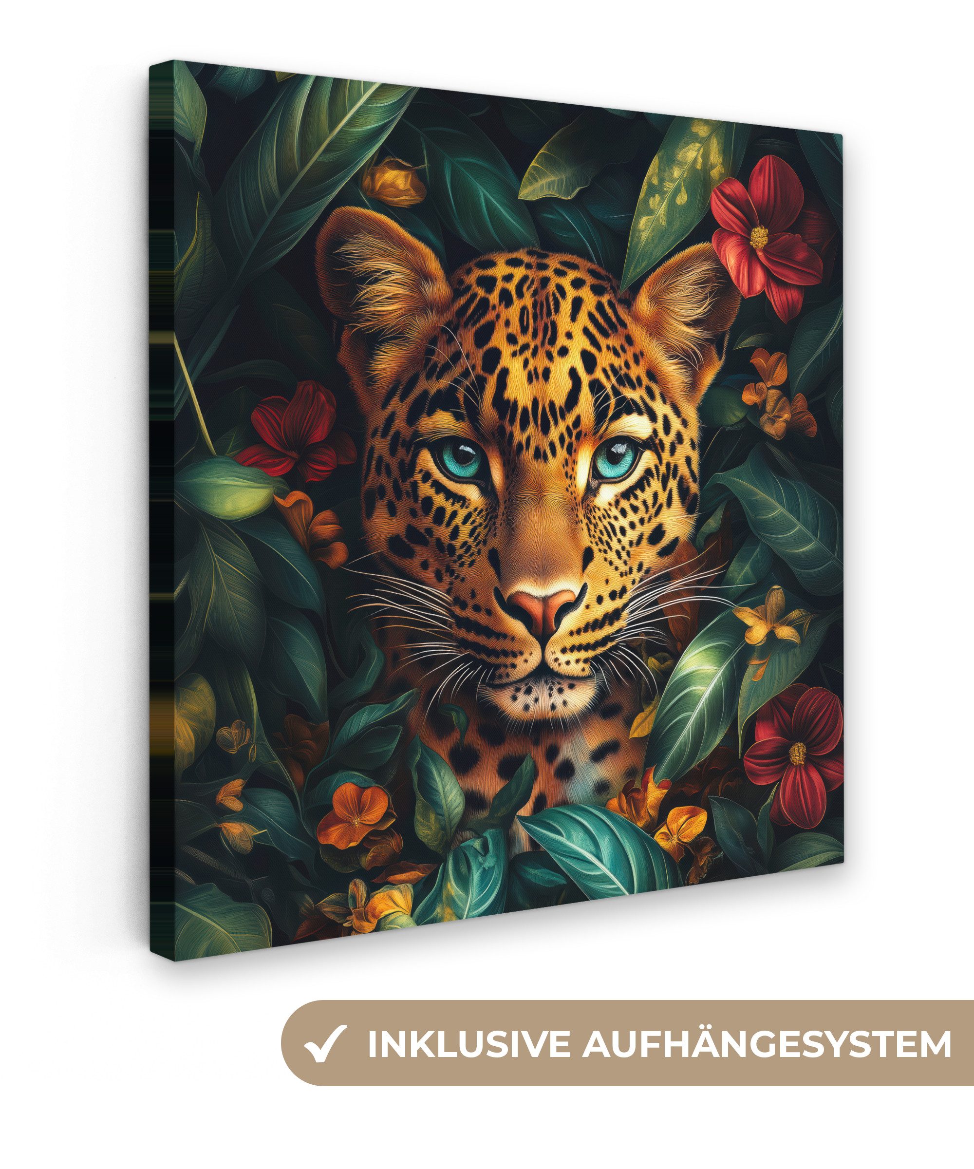 OneMillionCanvasses® Leinwandbild Leopard - Natur - Blumen - Dschungel, Fot günstig online kaufen