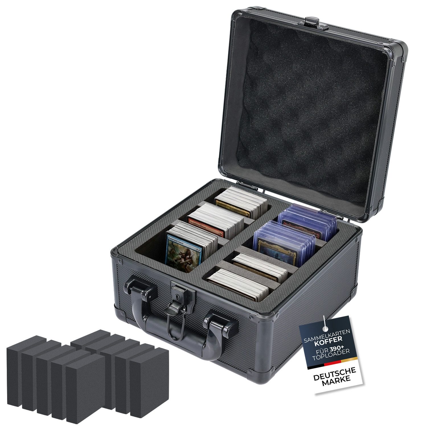 HMF Sammelkoffer Sammelkarten Aufbewahrungsbox, 2 Fächer, 10 Trennwände, Toploader, Graded Cards, Slab-Formate, TCG-Karten für bis zu 390+ Karten