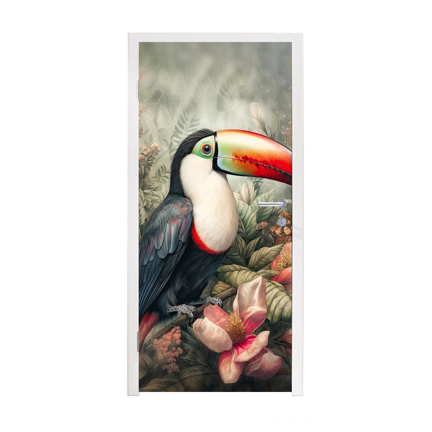 MuchoWow Türtapete Tukan - Vögel - Blumen - Pflanzen - Tropisch, Matt, bedruckt, (1 St), Fototapete für Tür, Türaufkleber, 75x205 cm