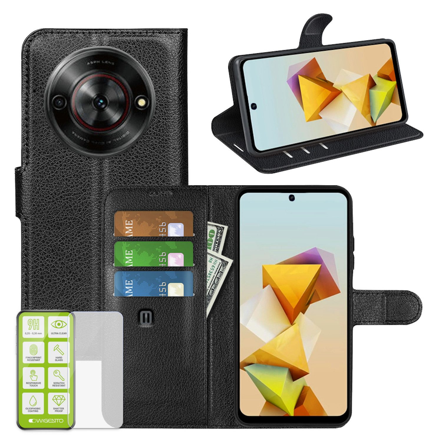 Wigento Smartphone-Hülle Für ZTE Blade A75 5G Kunstleder Book Wallet Tasche Case + H9 Hart Glas, Produktset Kunst-Leder Tasche + H9 Hart Glas