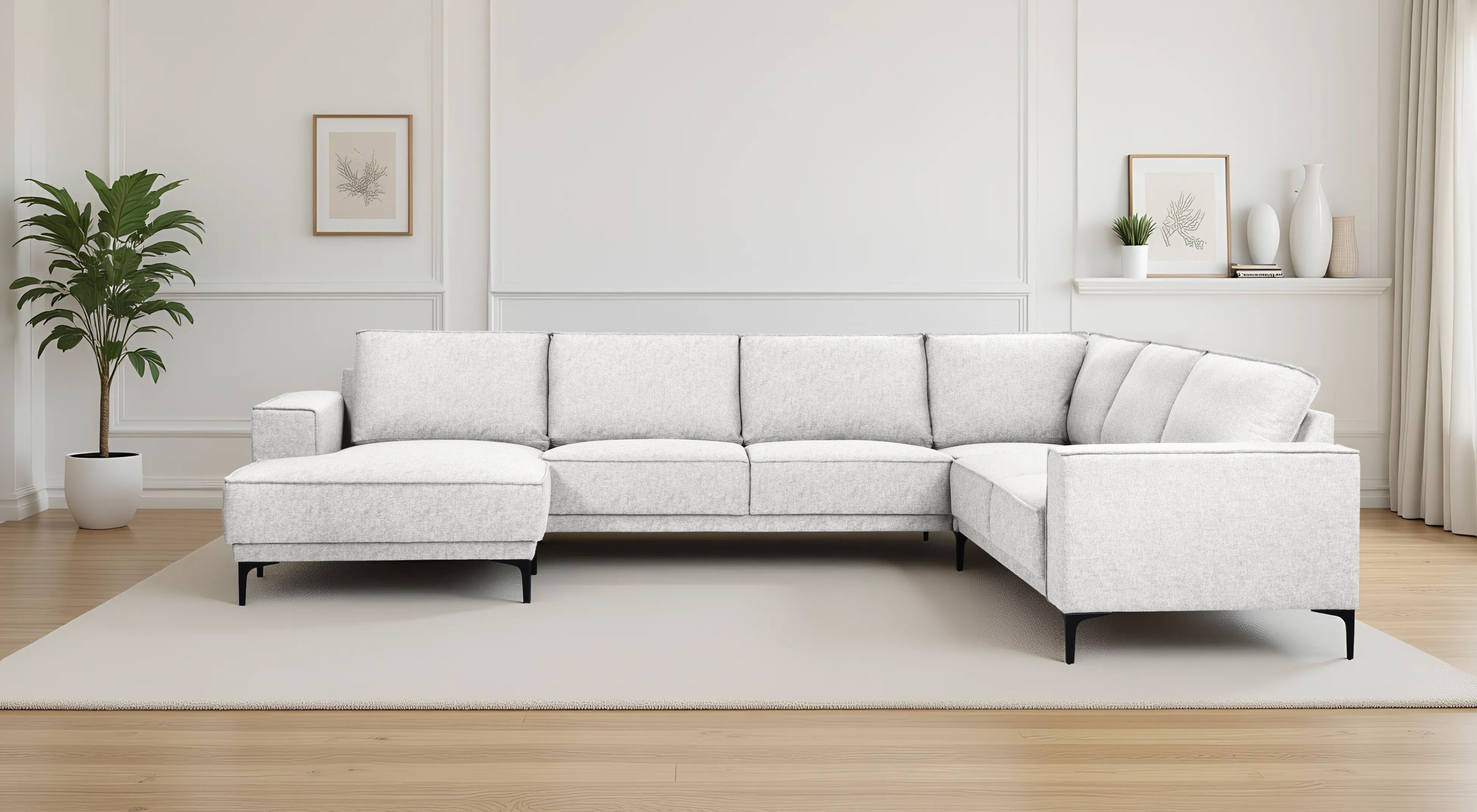 Places of Style Wohnlandschaft XXL Sofa Oland, Struktur, Flachgewebe, Luxus-Microfaser, Boucle, U-Form, 342 cm, Wellenunterfederung, Skandi-Design, Metallfüße
