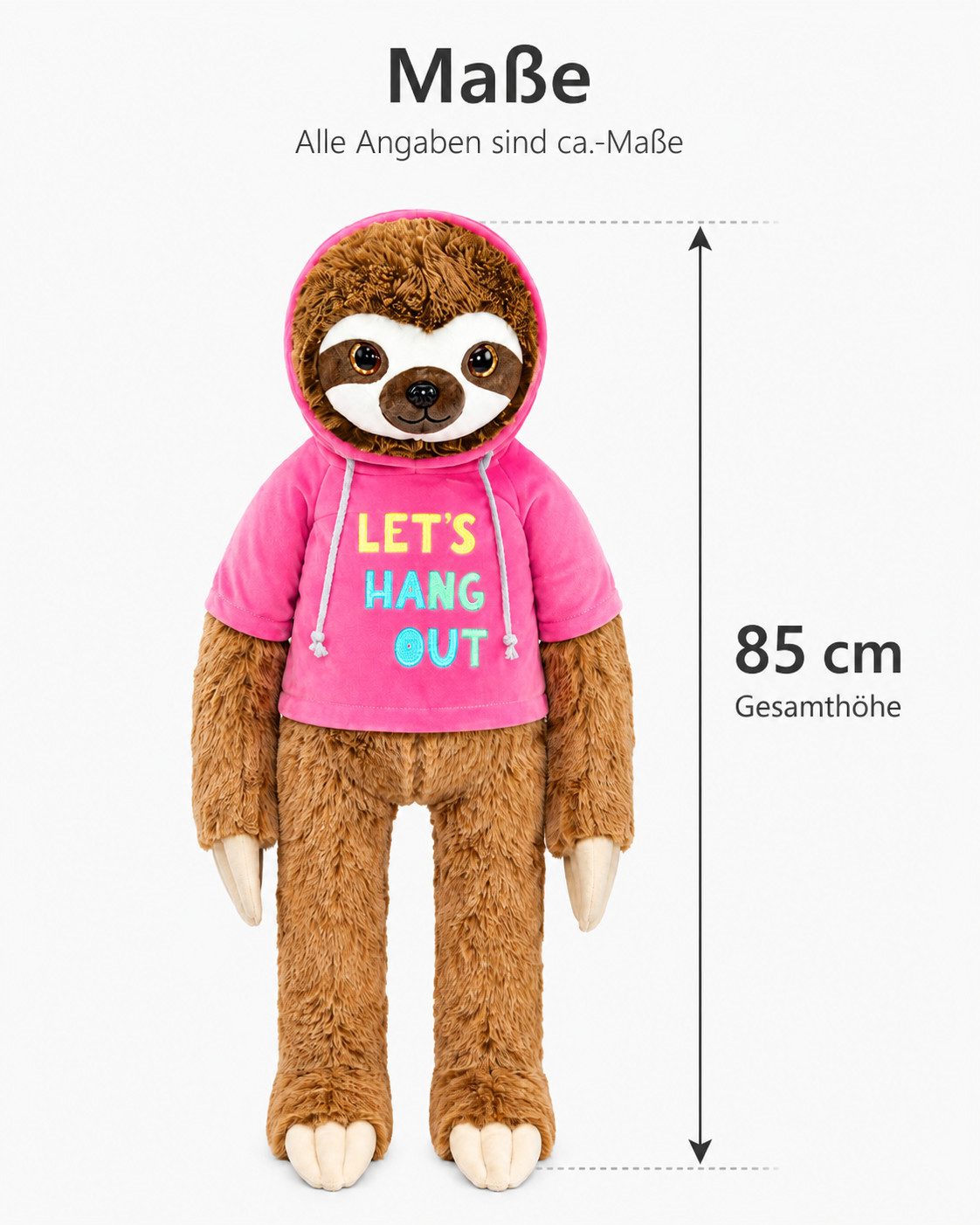 soma Kuscheltier Faultier Kuscheltier XXL 85cm Plüschtier Plush Stofftier Hang Out Rosa (Set, 1-St., Geschenk-Set), Riesiges Faultier mit blauem „Chill“-Hoodie zum Kuscheln & Verschenken