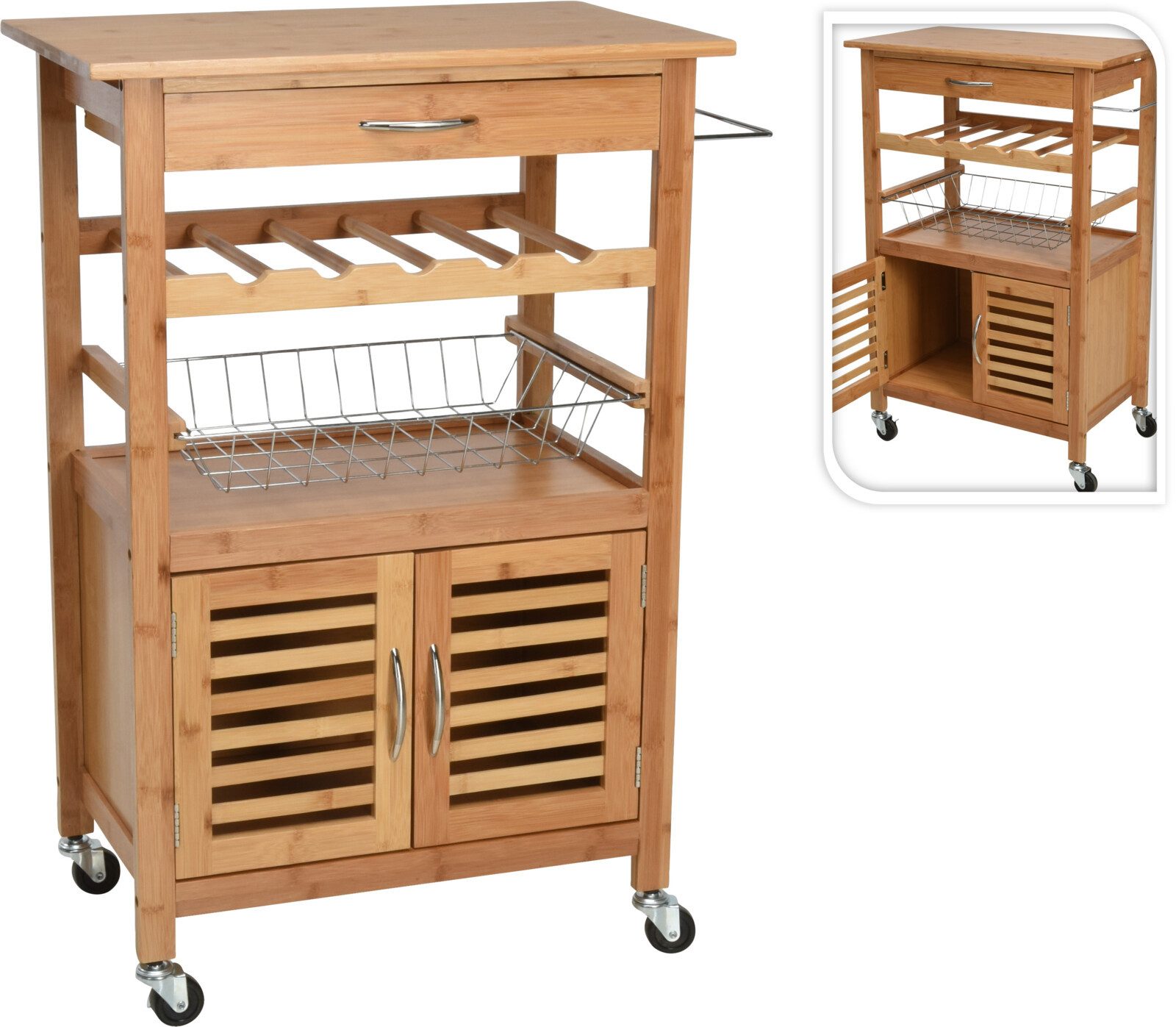 Koopman Küchenwagen Küchentrolley Kochinsel Küchenschrank, (1 St), Bambus, Weinhalterung, Schublade, Handtuchhalter, Schrank