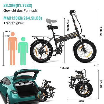 EVERCROSS TECH E-Bike Faltbares MTB 20" x4,0 Fat Tire, 48V/12 Ah Elektrofahrrad 7 Gang, Heckmotor, 576 Wh Akku, Damen/Herren, Fahrradpump-Schlos,E-Mountainbike