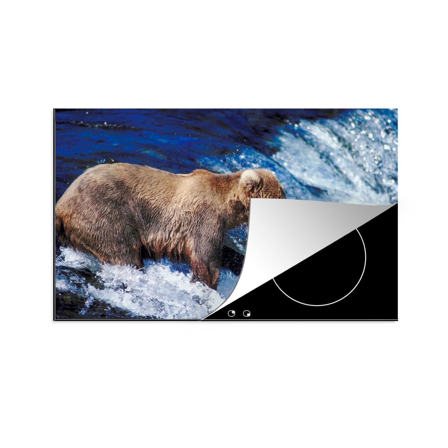 MuchoWow Herdblende-/Abdeckplatte Bär - Fisch - Wasserfall, Vinyl, (1 tlg), 81x52 cm, Induktionskochfeld Schutz für die küche, Ceranfeldabdeckung