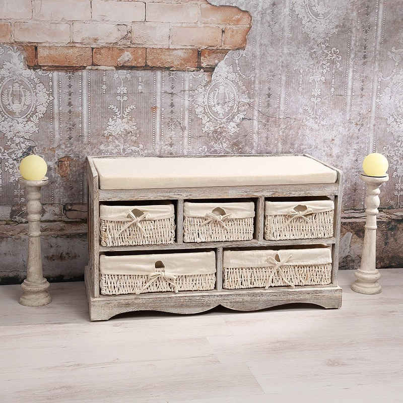 Mucola Sitzbank Kommode 5 Körben Shabby Stil Truhenbank Flurbank Vintage Sitzkissen (Stück), 2-in-1: Kommode und Sitzbank mit 5 Schubladen