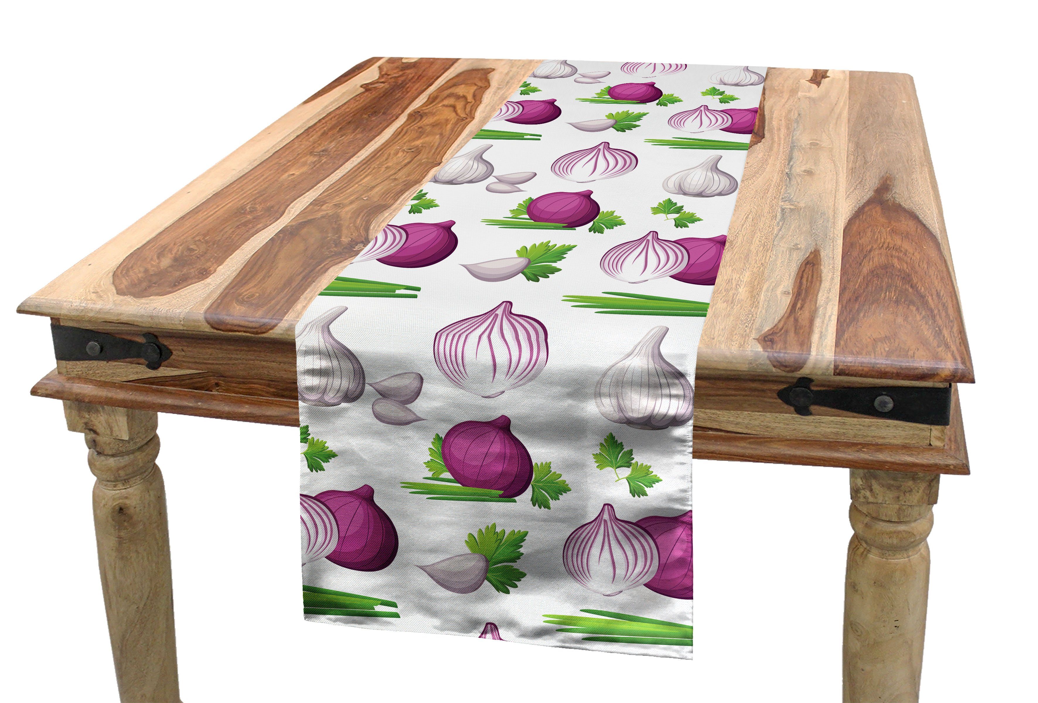 Abakuhaus Tischläufer Esszimmer Küche Rechteckiger Dekorativer Tischläufer, Gemüse Scheiben geschnittenen Zwiebeln und Knoblauch