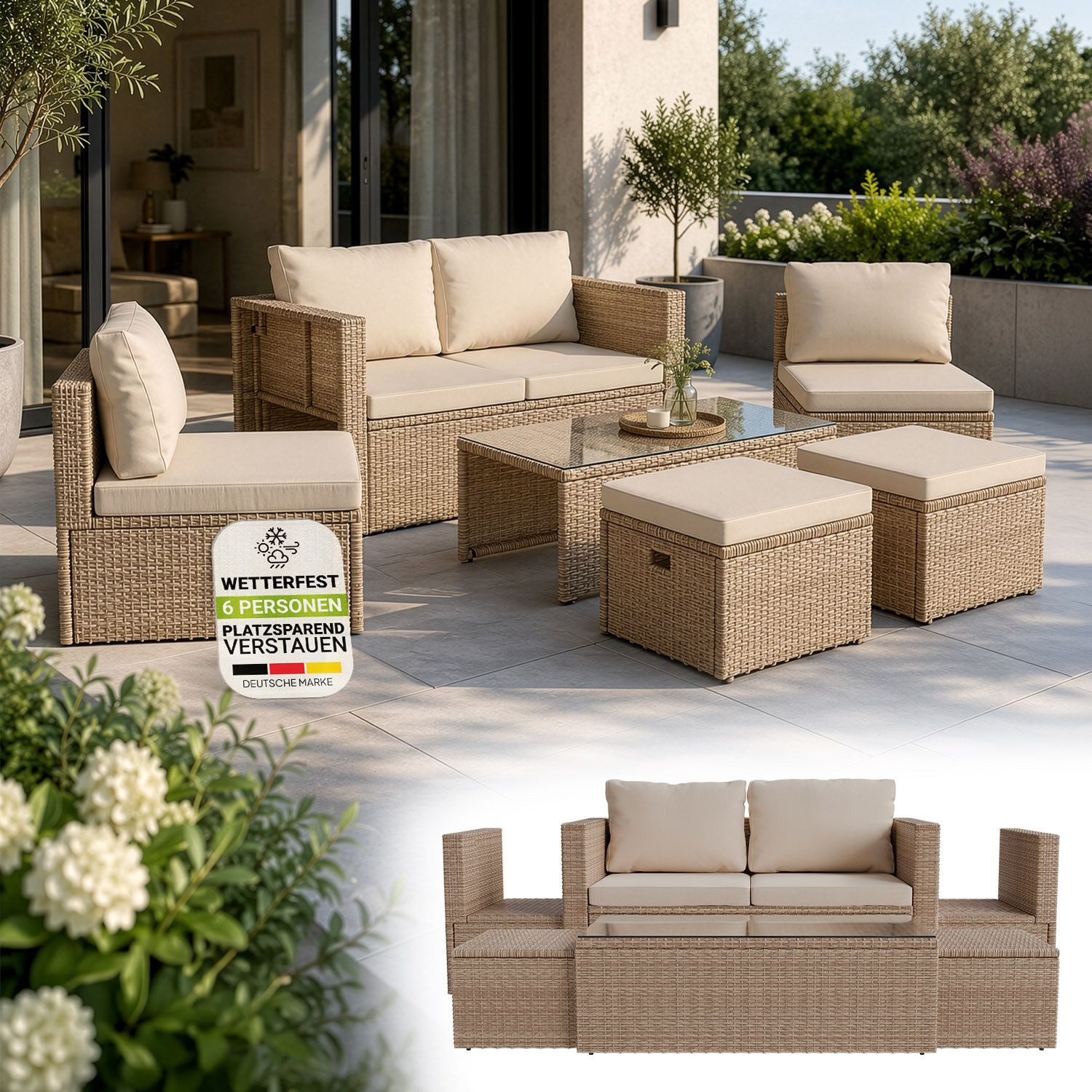 Juskys Gartenlounge-Set Salou, (6-tlg), für 6 Personen, Polyrattan, Glasplatte, wetterfest, mit Kissen