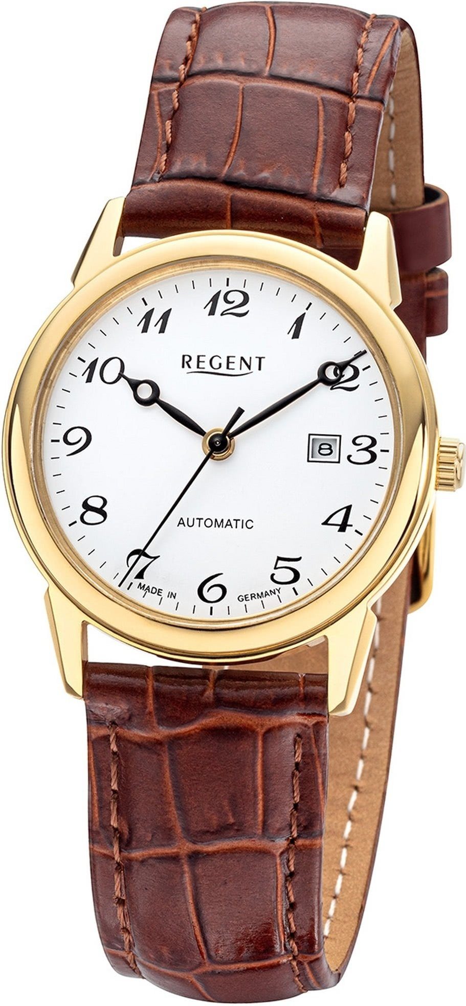 Regent Quarzuhr Regent Damen Armbanduhr Analog, Damenuhr Lederbandarmband braun, rundes Gehäuse, mittel (ca. 32mm)