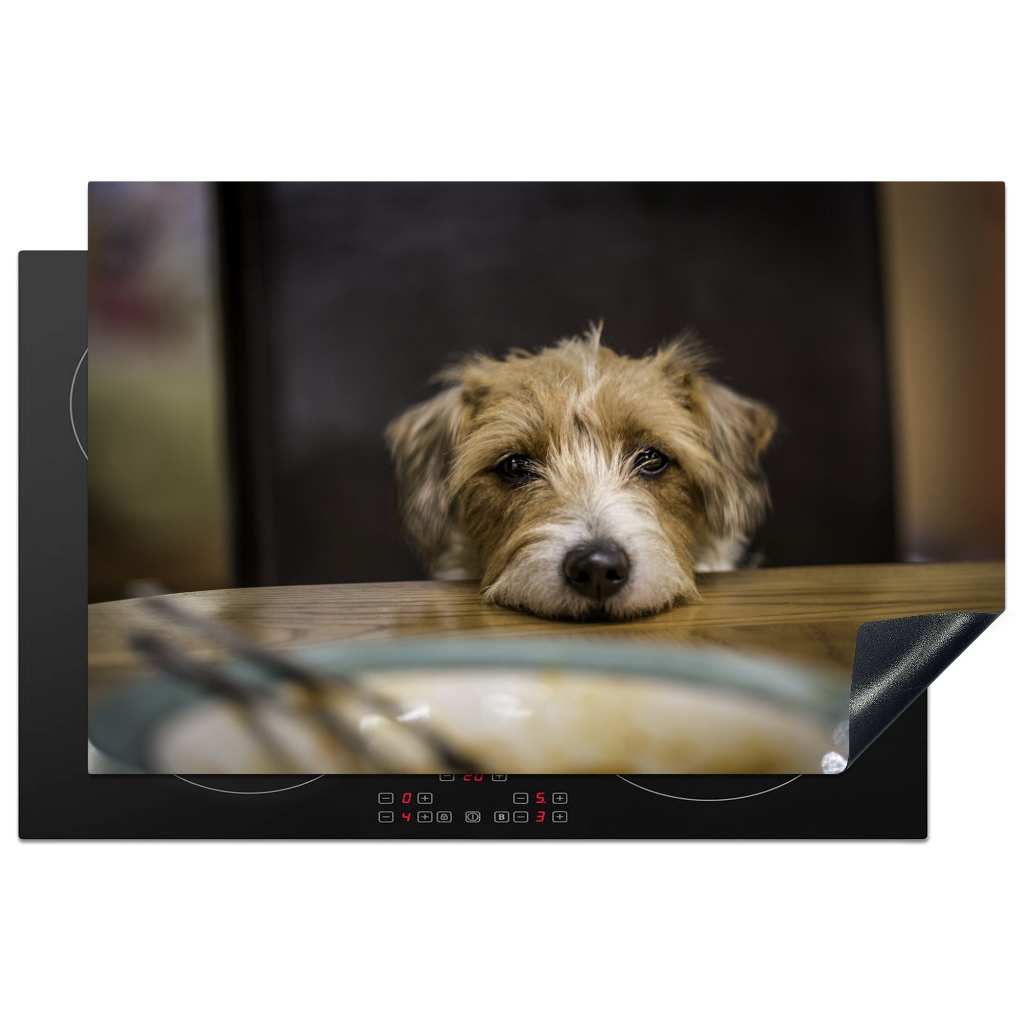 MuchoWow Herdblende-/Abdeckplatte Hund verlangt nach Futter, Vinyl, (1 tlg), 81x52 cm, Induktionskochfeld Schutz für die küche, Ceranfeldabdeckung