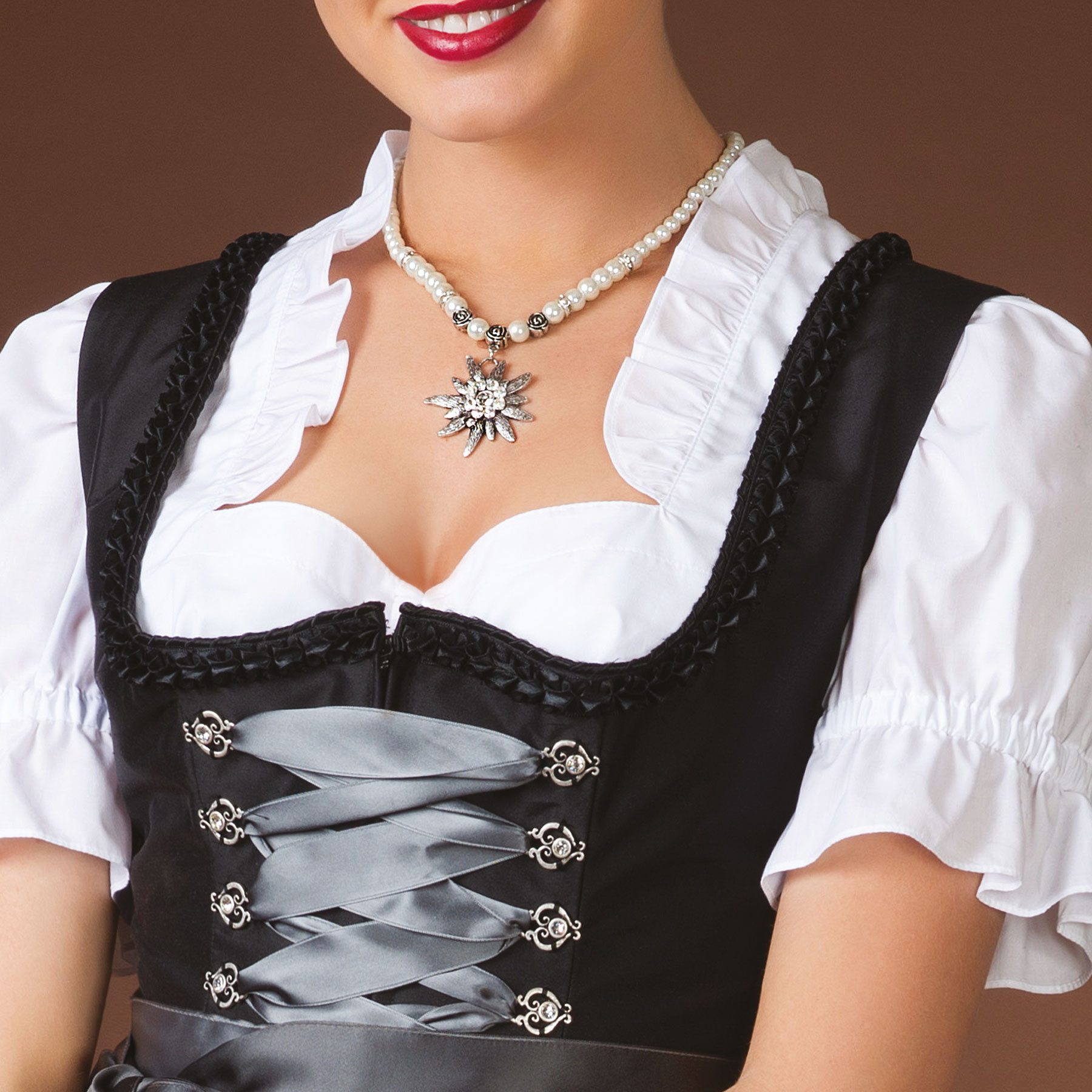 Alpenflüstern Collier Perlen-Trachtenkette Fiona mit Strass-Edelweiß groß (creme-weiß), - Damen-Trachtenschmuck Dirndlkette – Bild 2 von 4
