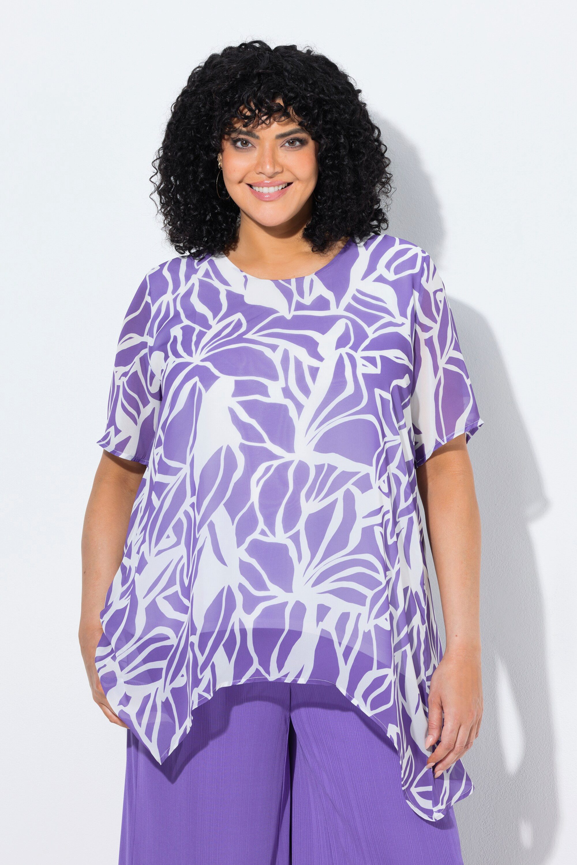 Ulla Popken Tunika Chiffon-Bluse Rückenschlitz Rundhals Halbarm
