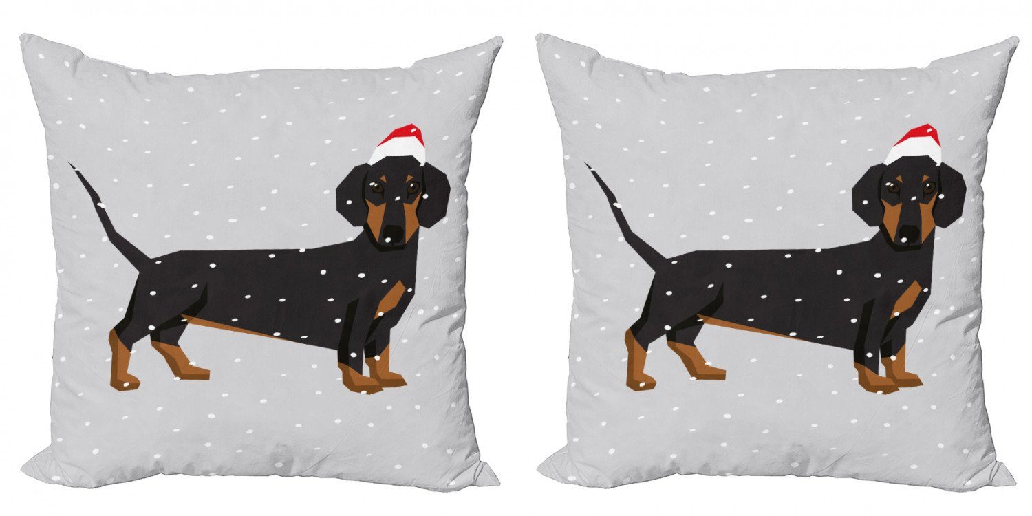 Kissenbezüge Modern Accent Doppelseitiger Digitaldruck, Hund (2 Stück), Abakuhaus trägt Weihnachtsmütze Dackel Schnee